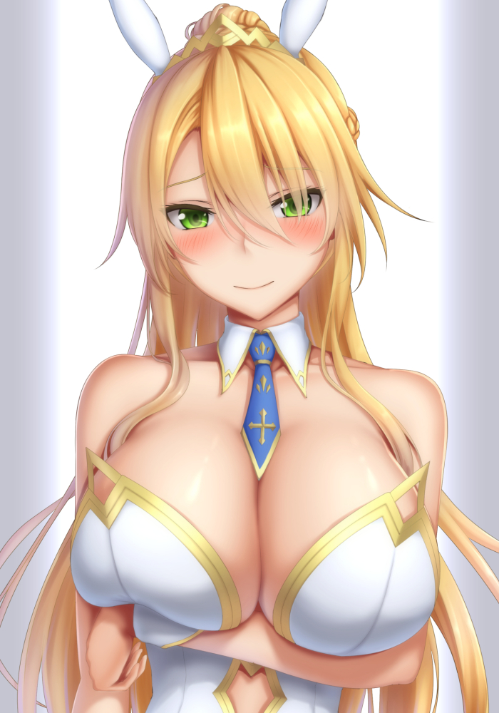 1girls, animal costume, animal ears, artoria pendragon, artoria pendragon (lancer), artoria pendragon (swimsuit ruler), bangs, bare shoulders, blonde hair, blue legwear, blue neckwear, blush, braid, breasts, bunny costume, bunny ears, bunnysuit, cleavage, costume, cu chulainn (fate) (artoria pendragon), detached collar, fate (series), fate/grand order, female, fishnet legwear, fishnets, french braid, green eyes, hair between eyes, highleg, highleg leotard, large breasts, leotard, light skin, light-skinned female, long hair, looking at viewer, navel, navel cutout, necktie, pantyhose, ponytail, ruler (artoria pendragon), sidelocks, solo, tapisuke, thigh strap, tiara, tied hair, white leotard, wrist cuffs