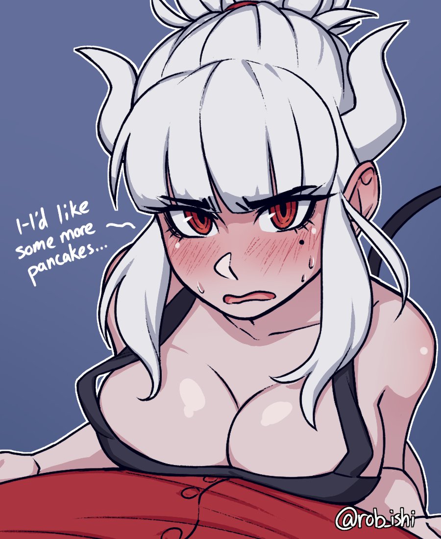 1boy, 1girls, 2020, apron, artist name, blue background, blush, breast press, breasts, cleavage, demon, demon girl, demon horns, demon tail, english text, eyebrows visible through hair, female, hand on another's chest, hand on chest, helltaker, helltaker (character), highres, horns, large breasts, lucifer (helltaker), male, mole, mole under eye, naked apron, open mouth, pov, red eyes, rob ishi, shirt, simple background, size difference, smaller female, speech bubble, standing, sweat, tail, talking, talking to viewer, text, tied hair, twitter username, white hair
