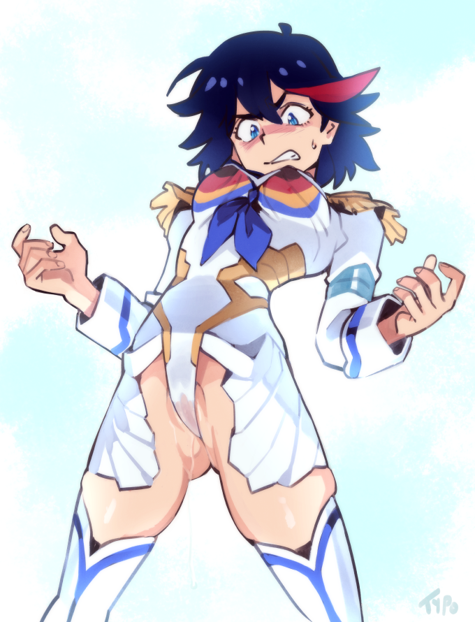 2020 ass_visible_through_thighs between_labia black_hair blue_eyes blush boots breasts commentary corruption english_commentary epaulettes female innie_pussy junketsu junketsu_ryuuko kill_la_kill living_clothes matoi_ryuuko medium_breasts multicolored_hair nose_blush optionaltypo pussy_juice pussy_peek red_hair short_hair showgirl_skirt skindentation solo spoilers streaked_hair studio_trigger sweatdrop thigh_boots thighhighs thighs tomboy w_arms wedgie white_footwear