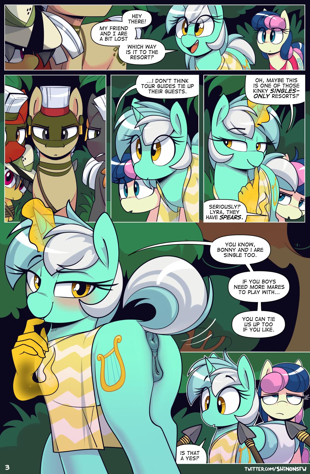 2girls 5_fingers animal_genitalia animal_pussy anus bedroom_eyes blonde_hair blue_eyes blue_hair blush bonbon_(mlp) clothing comic cutie_mark dialogue english_text equid equine equine_pussy eyelashes female feral fingers forest friendship_is_magic fur furry genitals green_body green_eyes green_fur green_horn grey_eyes group hair hasbro hat headgear headwear hi_res horn horse looking_at_another lyra_heartstrings_(mlp) magic male mammal markings melee_weapon motion_lines multicolored_hair my_little_pony narrowed_eyes open_mouth orange_eyes outside page_3 pink_hair polearm pony pussy raised_tail red_eyes rope seductive shinodage smile spear speech_bubble text tree twitter_username two_tone_hair unicorn url weapon white_hair yellow_body yellow_eyes yellow_fur