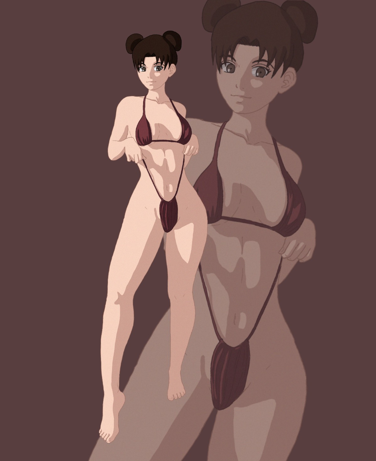 1girls, barefoot, bikini, bikini pull, breasts, brown eyes, brown hair, brunette, double bun, feet, female, female only, lostillustratorr, naruto, naruto (series), naruto shippuden, solo, teasing, tenten, tied hair, toes, untied bikini, wide hips, zoom layer