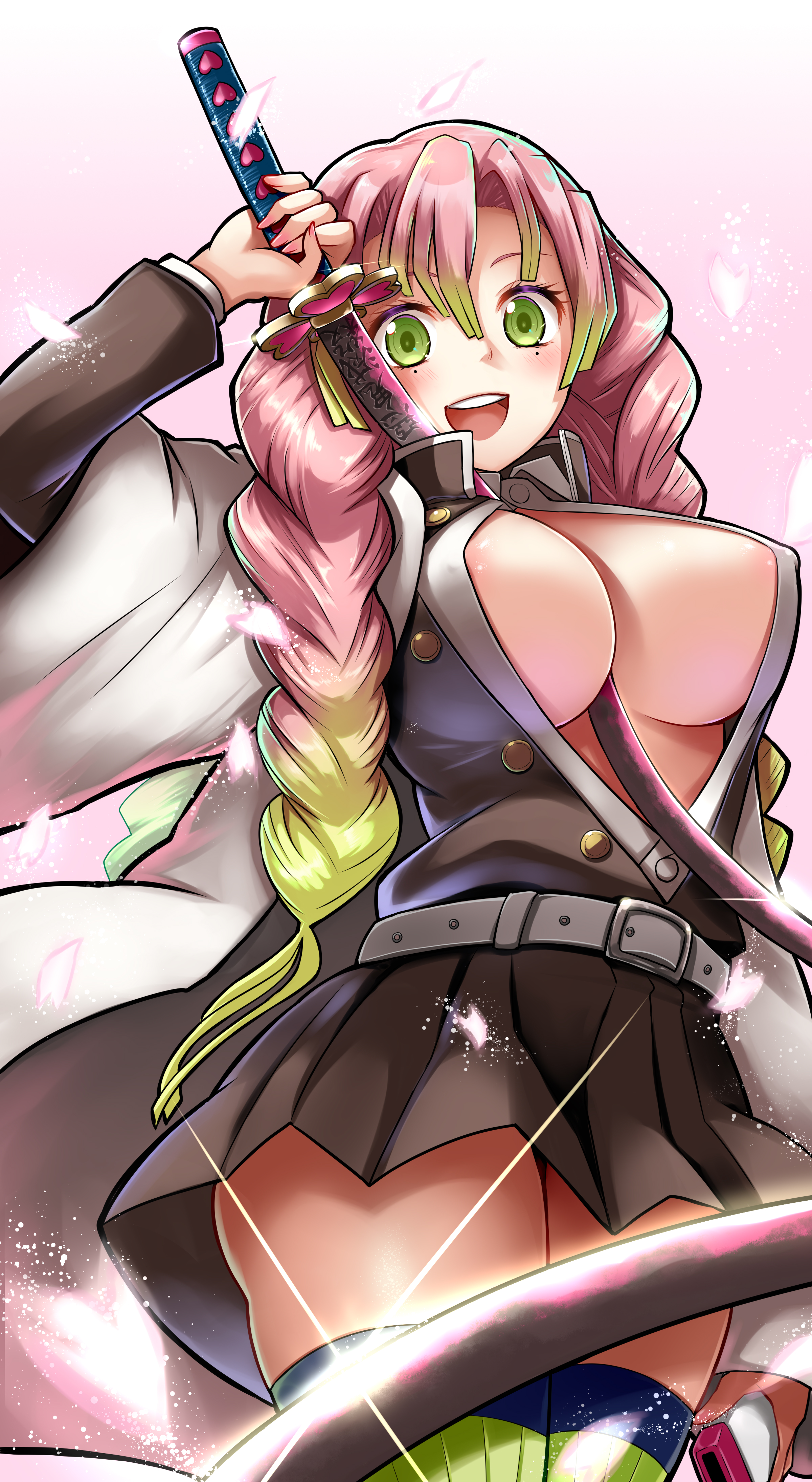 1girls, absurd res, areola slip, between breasts, big breasts, blush, braid, braided hair, breasts, busty, center opening, cute, demon slayer, erect nipples, female, female only, green eyes, haori, hi res, kanroji mitsuri, kimetsu no yaiba, nipple slip, nipples, no bra, pink hair, pink-haired female, pleated skirt, revealing clothes, skirt, smile, solo, sword, sword between breasts, thighhighs, twin braids, unbuttoned, unbuttoned shirt, yukimizore, zettai ryouiki
