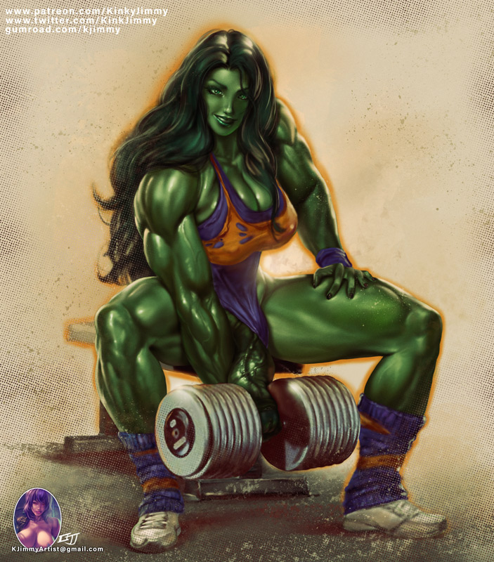 1futa, big breasts, breasts, cleavage, clothed, clothed futa, dumbbell, flaccid, futa only, futanari, green body, green eyes, green hair, green skin, huge cock, hulk (series), intersex, kinkyjimmy, large breasts, large penis, legwarmers, leotard, leotard aside, long hair, marvel, marvel comics, muscles, muscular, muscular futa, penis, she-hulk, shoes, smirk, smirking, smirking at viewer, solo, veiny penis, weightlifting, workout, workout clothes