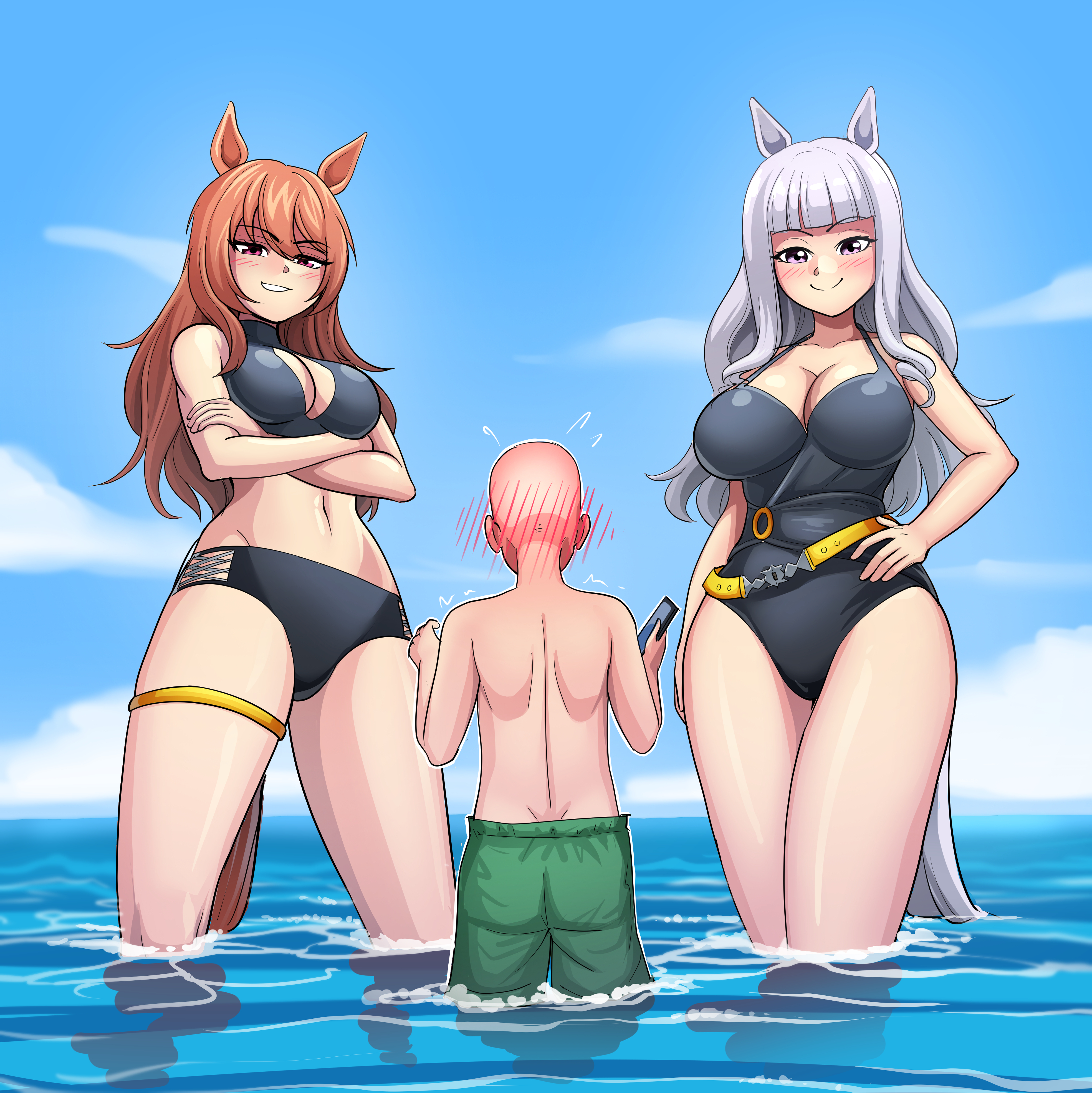 1boy, 2girls, bald, bikini, blushing, blushing male, blushing profusely, breasts, brown hair, clothed, clothed female, clothed male, commission, commission art, commissioner upload, cuuki0, faceless male, gold ship (run revolt launcher) (umamusume), gold ship (umamusume), horse girl, in water, kemonomimi, large breasts, long hair, mini giantess, nakayama festa (umamusume), nipples, purple eyes, silver hair, smaller male, smartphone, smile, smiling, smiling at partner, smirk, smirking, smirking at partner, swimming trunks, swimsuit, tagme, tail, taller female, umamusume, umamusume pretty derby, you gonna get raped