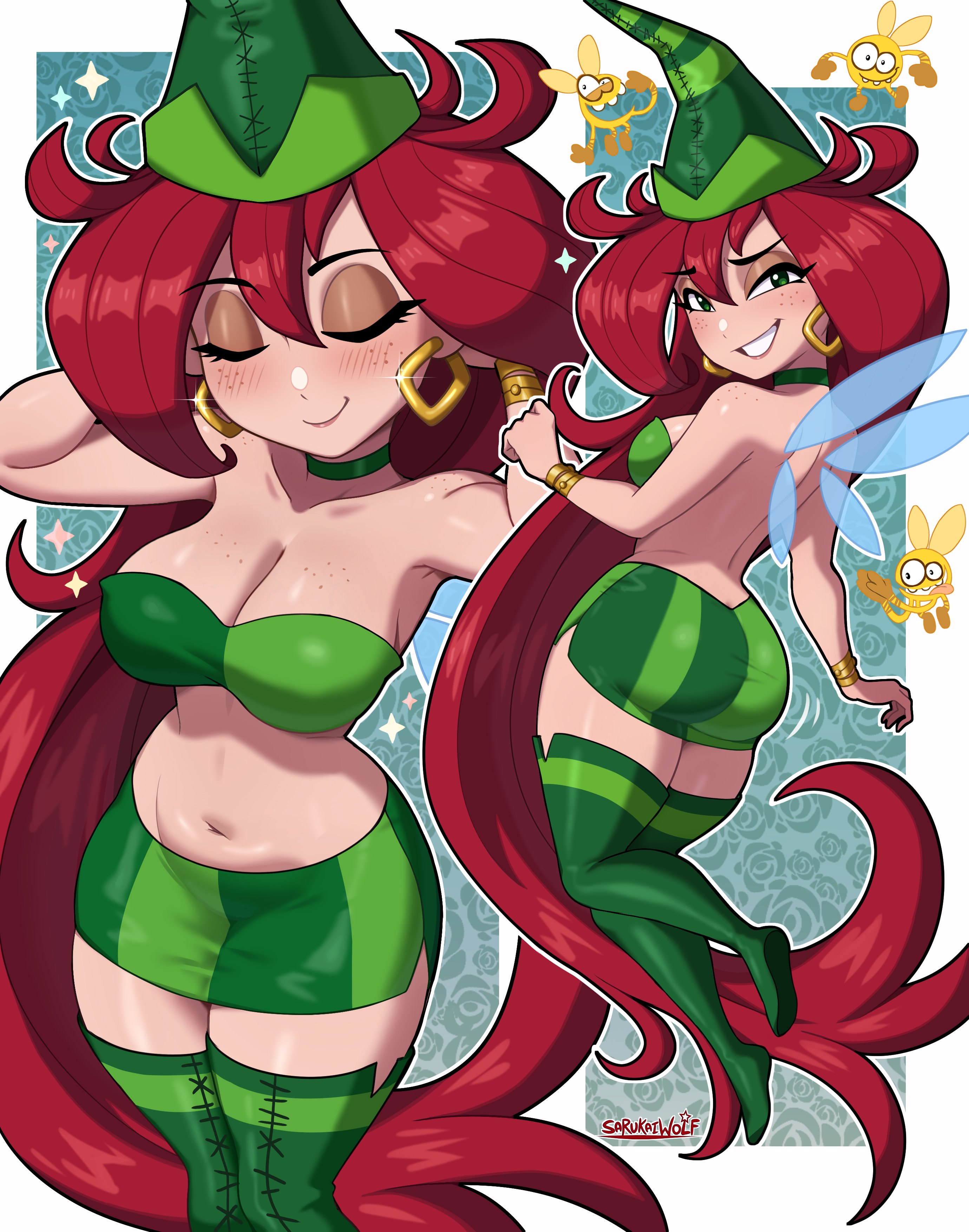 1girls, arms behind head, artist name, back view, betilla (rayman), big breasts, blush, breasts, choker, cleavage, closed eyes, clothing, ear piercing, earrings, fairy, fairy wings, female, female focus, footwear, freckles, freckles on breasts, freckles on face, front view, full body, green eyes, half-closed eyes, hat, headwear, heels, high heels, hips, hoop earrings, long hair, motion lines, neckwear, nymph (rayman), open eyes, rayman (series), rayman origins, red hair, sarukaiwolf, short skirt, skirt, smile, sparkles, thighs, when you see it, wings
