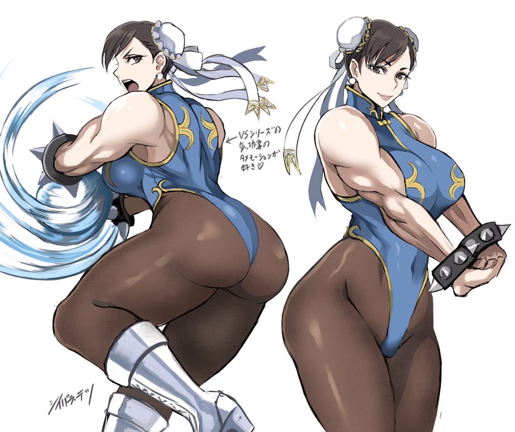 ass, back muscles, bangs, big ass, big breasts, breasts, brown eyes, brown hair, capcom, chun-li, clothed female, female, female only, hips, leotard, light skin, light-skinned female, long hair, looking at viewer, magic, mature female, muscle tone, muscles, muscular, muscular female, pale skin, pale-skinned female, pantyhose, pose, shibusun, smile, solo, solo female, solo focus, spiked bracelet, street fighter, thick hips, thick thighs, thighs, wide hips