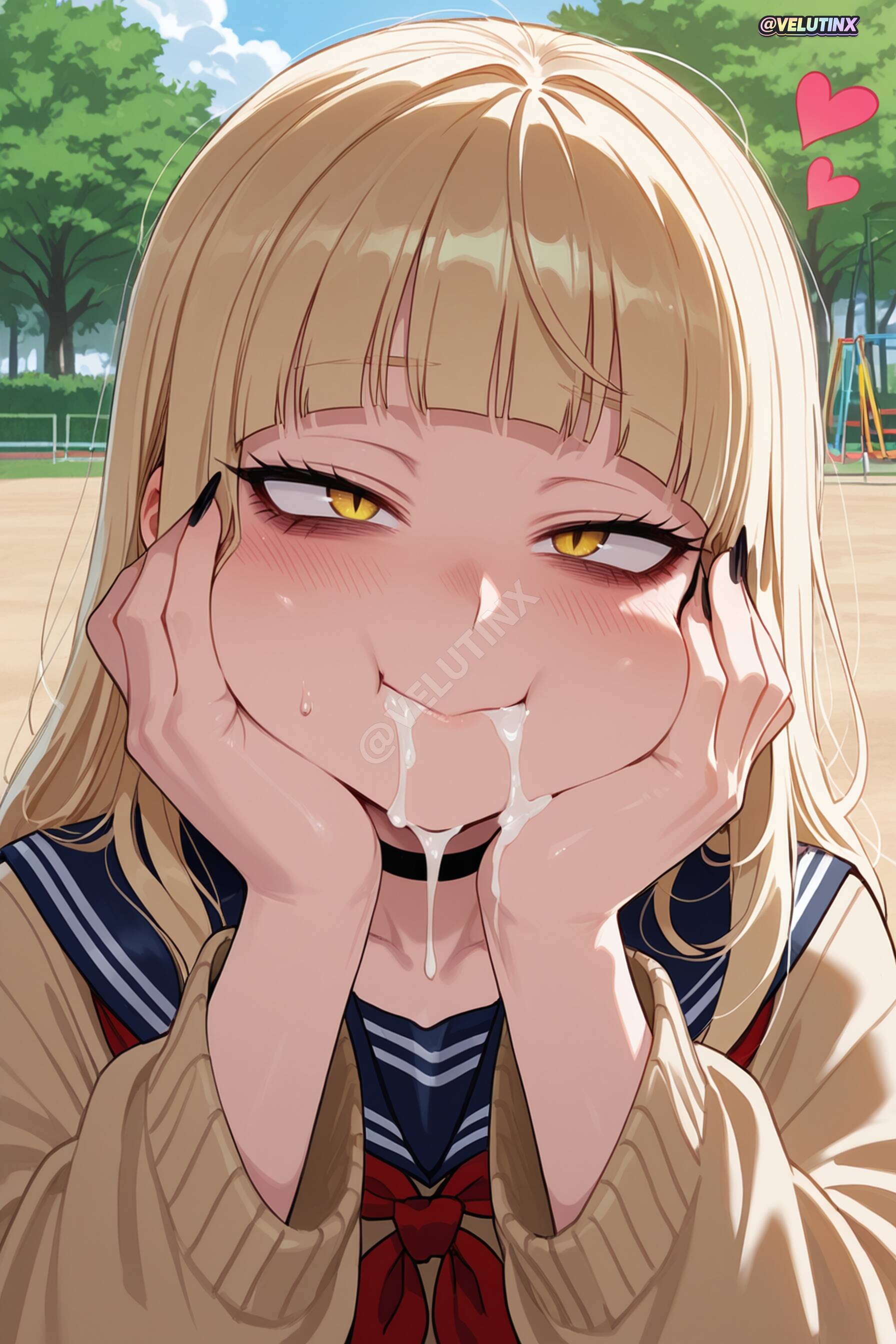 1femboy, ai generated, androgynous, bags under eyes, bangs, black choker, black nails, blonde hair, blue sailor collar, blunt bangs, blush, breath, brown cardigan, brown sweater, cardigan, choker, closed mouth, collarbone, cum, cum in mouth, cumdrip, eyelashes, facial, fangs, femboy, femboy focus, femboysub, feminine body, feminine faced male, feminine male, feminization, fingernails, flat chest, genderswap, genderswap (ftm), half-closed eyes, hands on own cheeks, hands on own face, hands up, head rest, heavy breathing, himiko toga, long fingernails, long hair, long sleeves, looking at viewer, makeup, male focus, mature, mature male, messy hair, my hero academia, nail polish, nails painted, narrowed eyes, neckerchief, otoko no ko, outdoors, paid reward available, painted nails, palm tree, red neckerchief, sailor collar, saliva, saliva drip, saliva on face, saliva on tongue, saliva string, saliva trail, school uniform, serafuku, sharp fingernails, shiny hair, shiny skin, sidelocks, skindentation, skinny male, slit pupils, smile, solo, solo focus, suggestive fluid, sweat, sweater, sweating, sweaty, sweaty body, teeth, trap, upper body, velutinx, visible breath, watermark, wet body, wet skin, yellow cardigan, yellow eyes