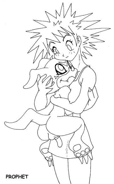 anthro balls breasts digimon digimon_(species) digimon_adventure_02 digiphilia duo female genitals hug human human_on_anthro interspecies jun_motomiya male mammal monochrome nipple_outline penis prophet straight veemon