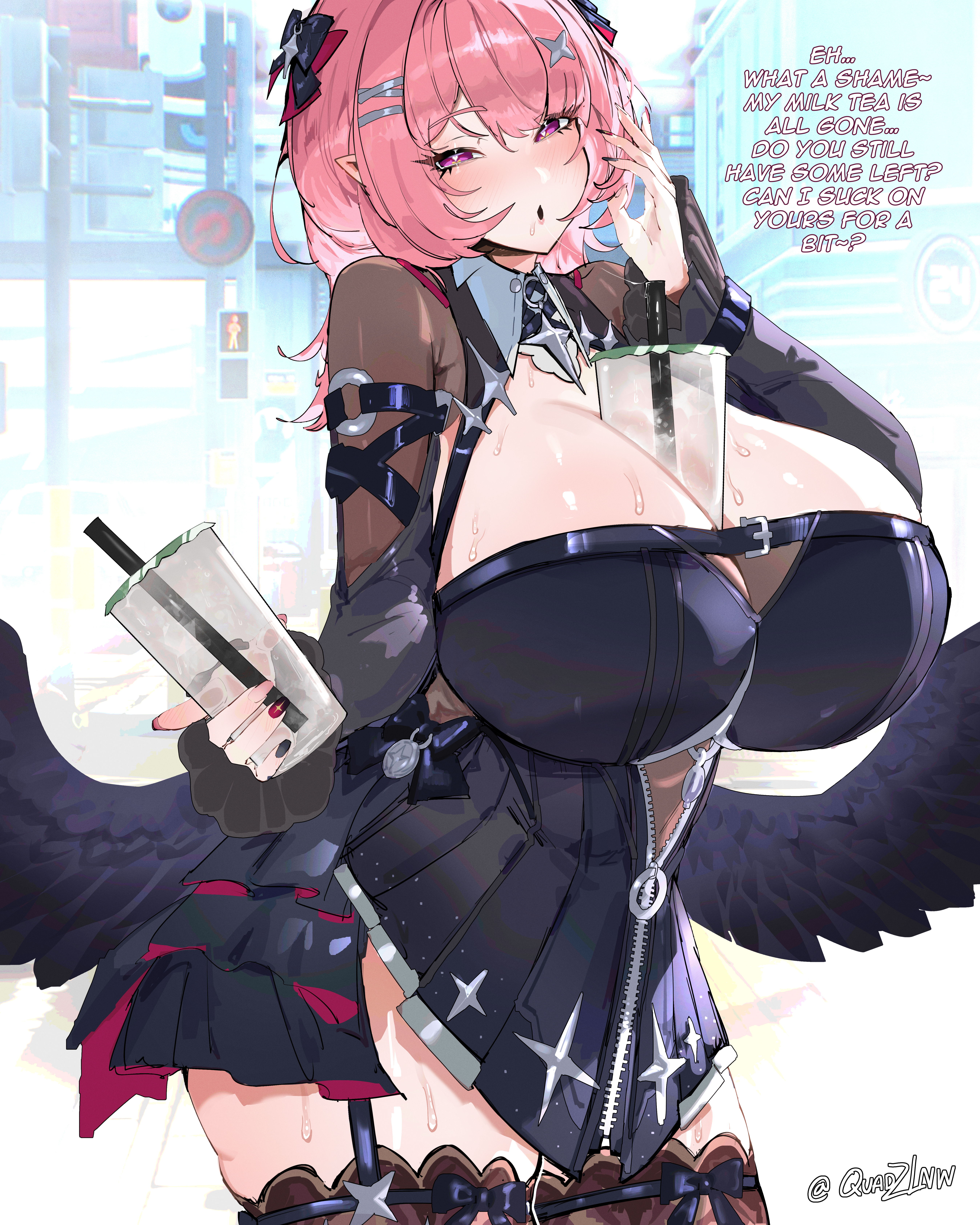 1girl, absurdres, alternate breast size (larger), black bow, black dress, black wings, bow, breasts, brown thighhighs, bubble tea, bubble tea challenge, chest belt, commentary, cowboy shot, cup, dress, drinking straw, english commentary, english text, hair between eyes, hair bow, hair ornament, hairclip, hand up, highres, holding, holding cup, huge breasts, looking at viewer, male pov, medium hair, multicolored nails, official alternate costume, open mouth, pink eyes, pink hair, pointy ears, purple eyes, purple hair, quadzlnw, remielle dan, remielle dan (moonlight whispers), solo, sweat, talking to viewer, thighhighs, wings, wise (zenless zone zero), zenless zone zero