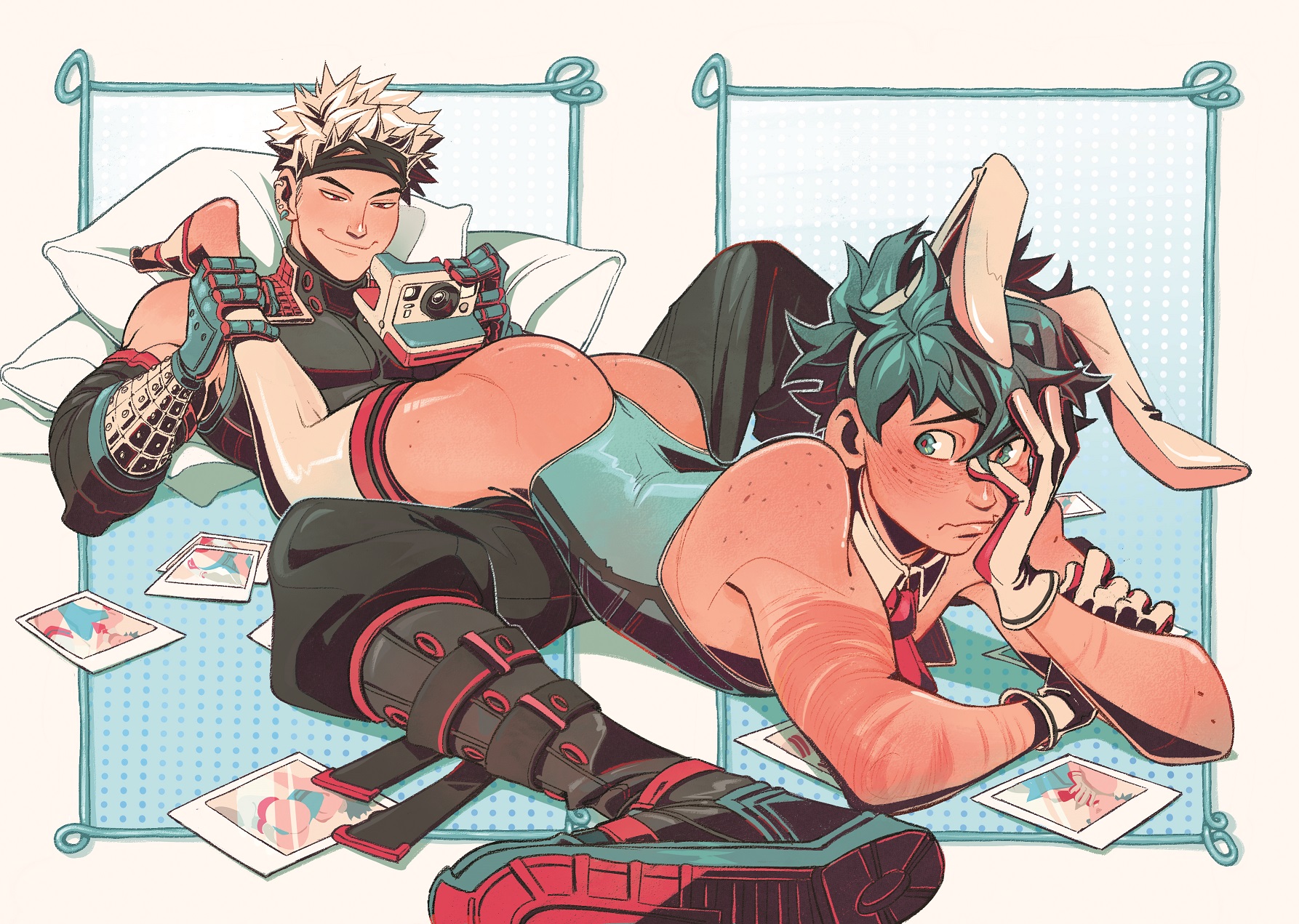 2boys, asian, asian male, ass, bakugou katsuki, blonde hair, boku no hero academia, boots, bubble ass, bubble butt, bunny boy, bunny costume, bunny ears, bunny suit, bunny tail, bunnysuit, butt, camera, deku, freckles, freckles on ass, freckles on face, freckles on shoulders, gay, gloves, green eyes, green hair, hand on face, hand on head, holding ankle, holding another's leg, holding camera, holding object, holding partner, human, izuku midoriya, japanese, japanese male, katsuki bakugou, la bordeliere, leotard, male, male only, male/male, midoriya izuku, my hero academia, no penetration, no sex, on back, on stomach, pale skin, pillow, pillows, polaroid, red eyes, scar, scars, scars on arm, socks, spiky hair, tagme, twink, yaoi
