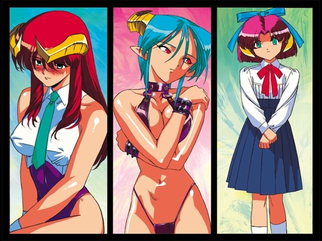 3girls 90s bare_arms bare_shoulders black_border blue_background blush bow breasts carrera cleavage clothed clothing collar covered_navel crossed_arms demon_girl demon_horns drill_hair erect_nipples erect_nipples_under_clothes eyebrows_visible_through_hair eyes_visible_through_hair female female_only flat_chest green_background green_eyes green_hair hair_ribbon hairband hand_on_shoulder horns large_breasts leotard long_ears long_hair looking_at_viewer mercedes_(viper) midriff monster_girl multiple_girls navel necktie nipple_bulge official_art panties pink_background pink_hair pleated_skirt pointy_ears purple_clothing purple_thong rati red_eyes red_hair revealing_clothes ribbon sasaki_masakatsu school_uniform shirt short_hair sitting skirt socks sogna standing succubi succubus succubus_costume succubus_horns succubus_outfit tank_top thighs thong v_arms viper_(series) viper_gts wrist_cuffs wristband