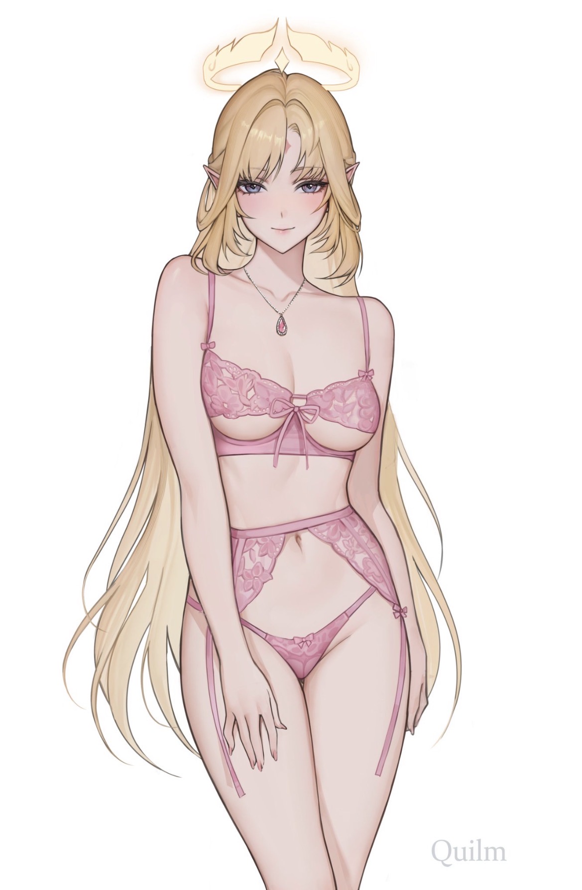 bangs, belly, belly button, blonde hair, bra, female, flat chest, flat chested, genshin impact, halo, hand on own leg, lingerie, lingerie bra, lingerie panties, long ears, long hair, midriff, necklace, nicole reeyn (genshin impact), panties, petite female, petite tits, pink lingerie, pointy ears, quilm, skinny female, slim waist, small breasts, solo, standing, stomach, v line