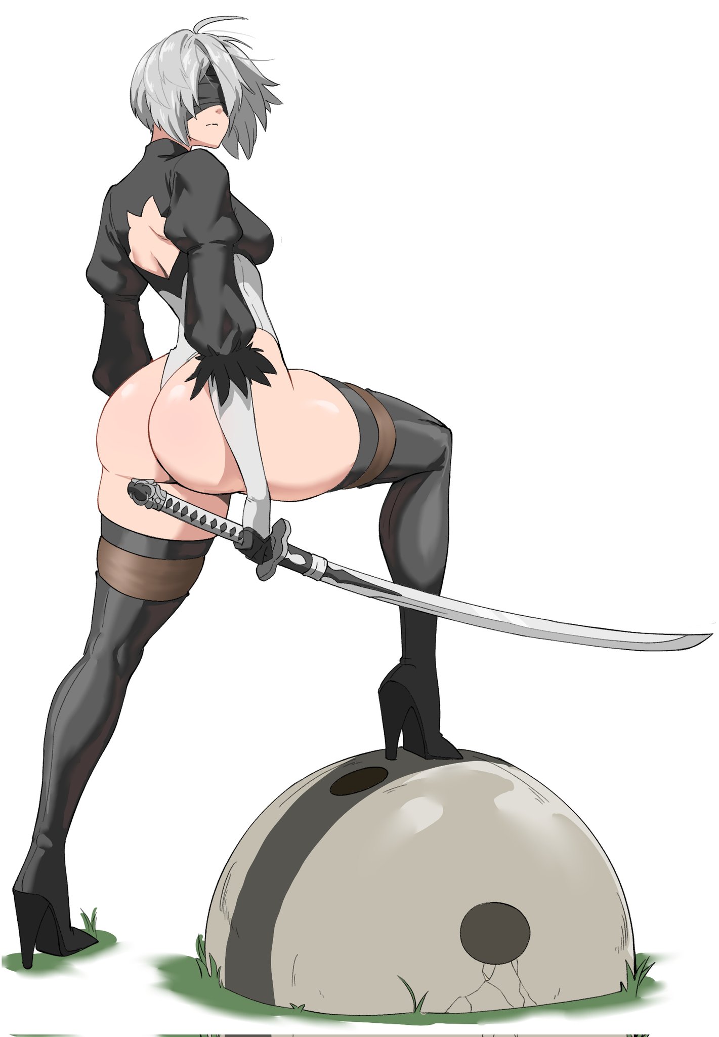 1girls, absurd res, absurd resolution, absurdres, ass, ass focus, back, back cutout, back view, big ass, big breasts, big butt, black boots, black thighhighs, blindfold, boots, breasts, bubble ass, bubble butt, busty, curvaceous, curvy, curvy female, curvy figure, fat ass, female, female focus, female only, glistening, glistening body, glistening butt, glistening skin, gray hair, grey hair, hi res, high heel boots, high heels, high resolution, highres, holding, holding katana, holding object, holding sword, holding weapon, huge ass, huge butt, humanoid, katana, large ass, large breasts, leotard, light skin, light-skinned female, nier, nier (series), nier: automata, octavius dp, pose, posing, shiny, shiny ass, shiny butt, shiny skin, short hair, side view, sideboob, silver hair, simple background, solo, solo female, solo focus, square enix, standing, sword, tagme, thick ass, thick thighs, thigh boots, thighhighs, thighs, virtuous contract, voluptuous, voluptuous female, weapon, white background, white hair, yorha 2b