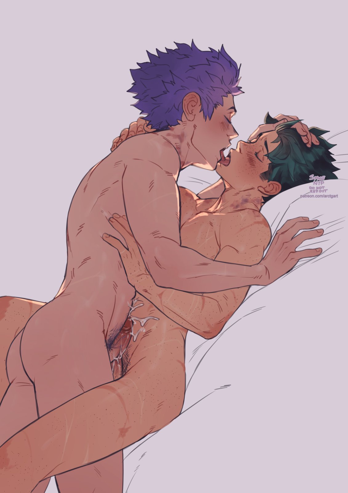 2boys, after sex, blush, closed eyes, cum, cumming, freckles, french kiss, gay, green hair, hand on head, head grab, hickey, hickey marks, hitoshi shinso, izuku midoriya, kiss mark, kissing, male, male only, missionary position, my hero academia, penis, precum, purple hair, scar, spacenipnops, sweat, tagme, tongue, tongue out, yaoi