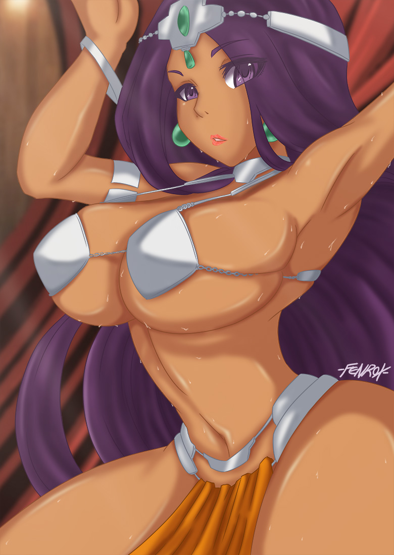 1girls arabian arabian_clothes armpits belly belly_button belly_dancer belly_dancer_outfit clothing curvaceous curvy dancer dancer_outfit dancing dark-skinned_female dragon_quest dragon_quest_iv female fenrox harem_outfit headgear huge_breasts jewelry large_breasts loincloth maya_mahabala pelvic_curtain purple_eyes purple_hair sweat sweaty voluptuous