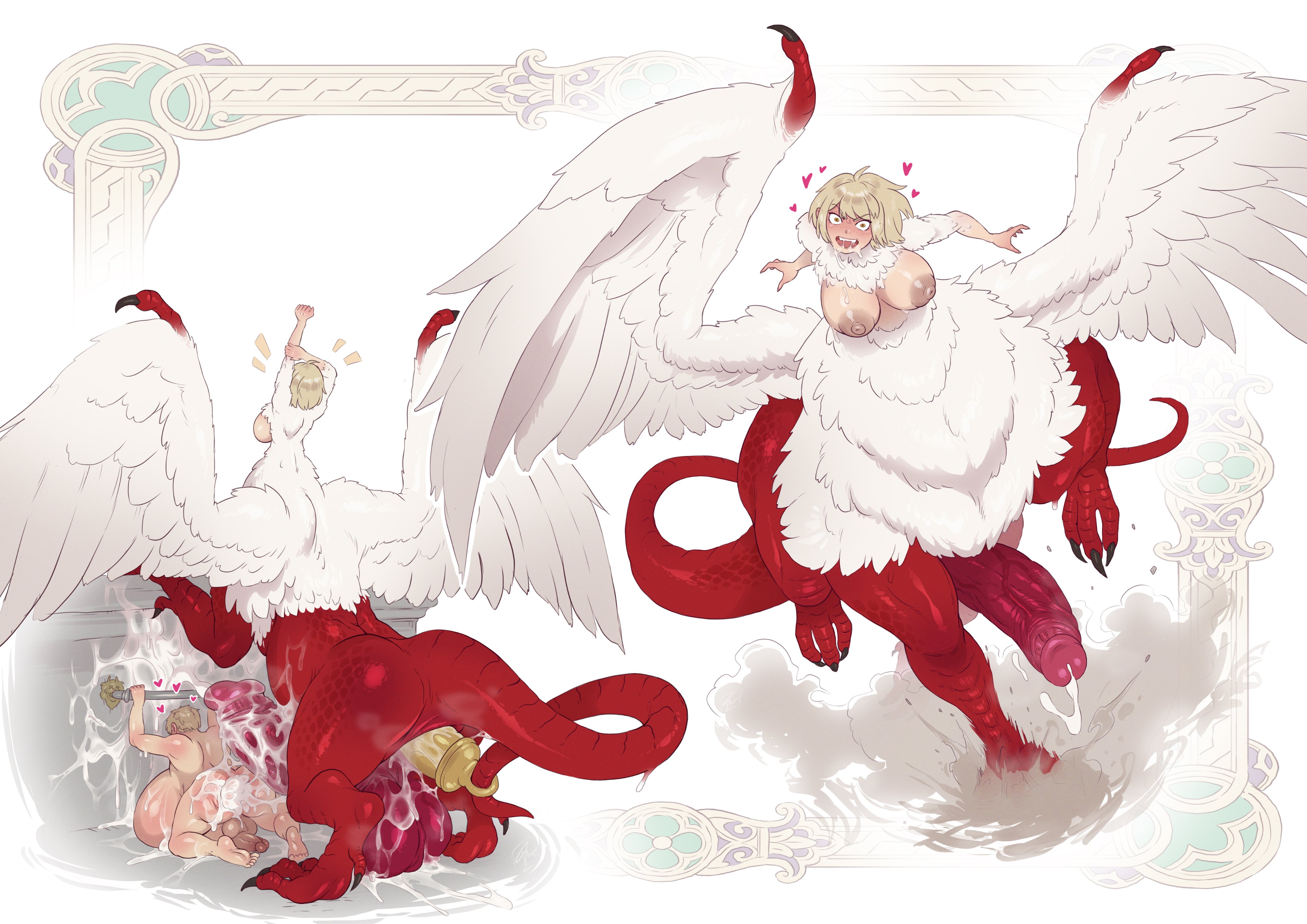 1boy, 1futa, 2d, after sex, balls, ballsack, boobs, breasts, brother, brother and sister, busty, chimera, cock, cum, cumflation, dick, dungeon meshi, falin touden, falin touden (chimera), futa, futa on male, futanari, genital fluids, genitals, hi res, highres, huge breasts, humanoid, hyper, hyper balls, hyper penis, incest, intersex, laios touden, light skin, light-skinned futa, light-skinned male, male, penis, random rend, scrotum, short hair, sister, tagme, testicles, wings