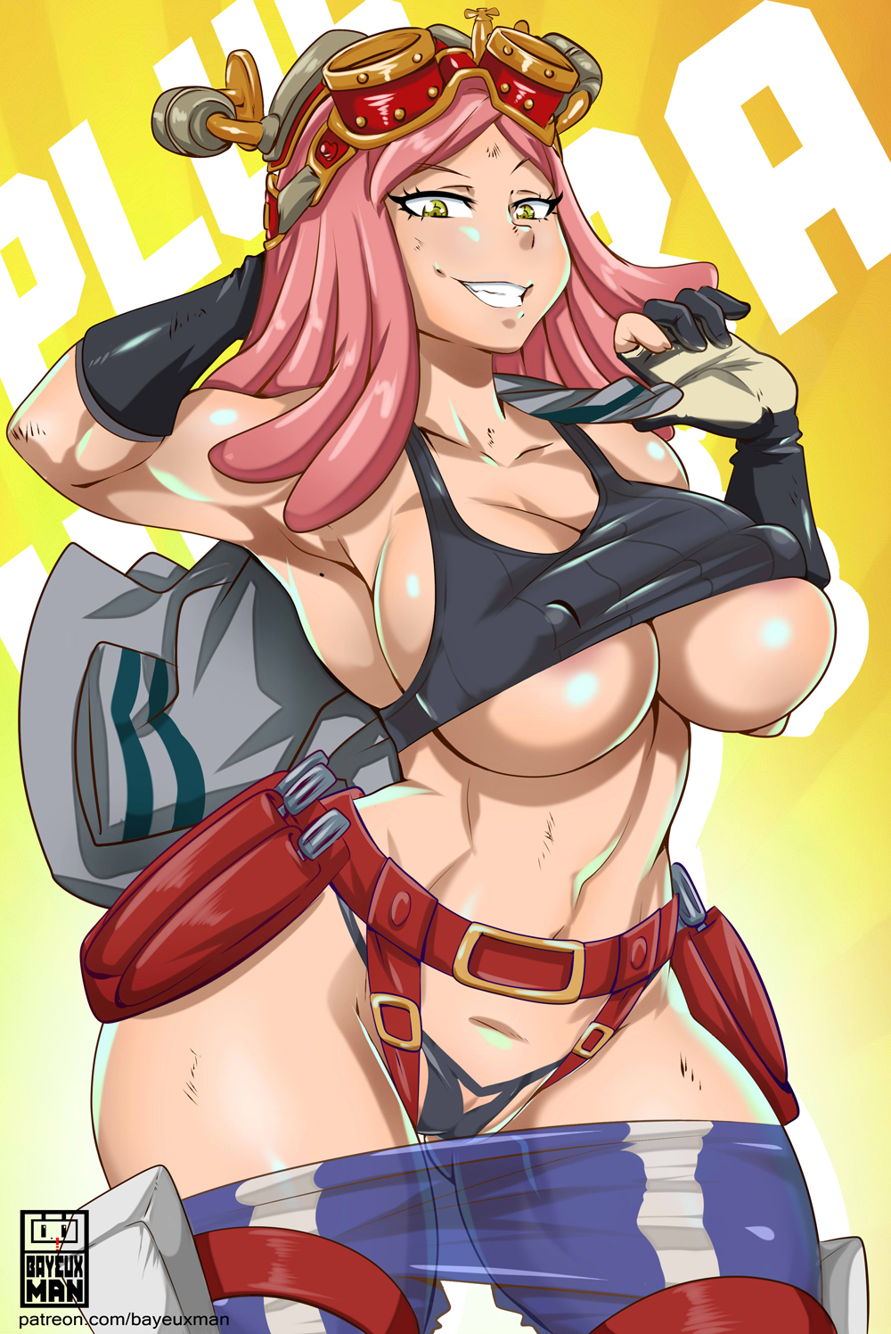 1girls, abs, armpits, arms behind head, bayeuxman, belt, belt buckle, big breasts, breasts, cameltoe, dreadlocks, female, female focus, female on top, female only, huge breasts, looking at viewer, looking pleasured, mei hatsume, muscles, muscular, muscular female, my hero academia, panties, pants, pants down, pink hair, pink-haired female, pussy, red belt, shirt, shirt lift, shirt up, smile, smiling, smiling at viewer, straps, tagme, thong, thong panties, underboob, watermark, wide hips, yellow background, yellow eyes
