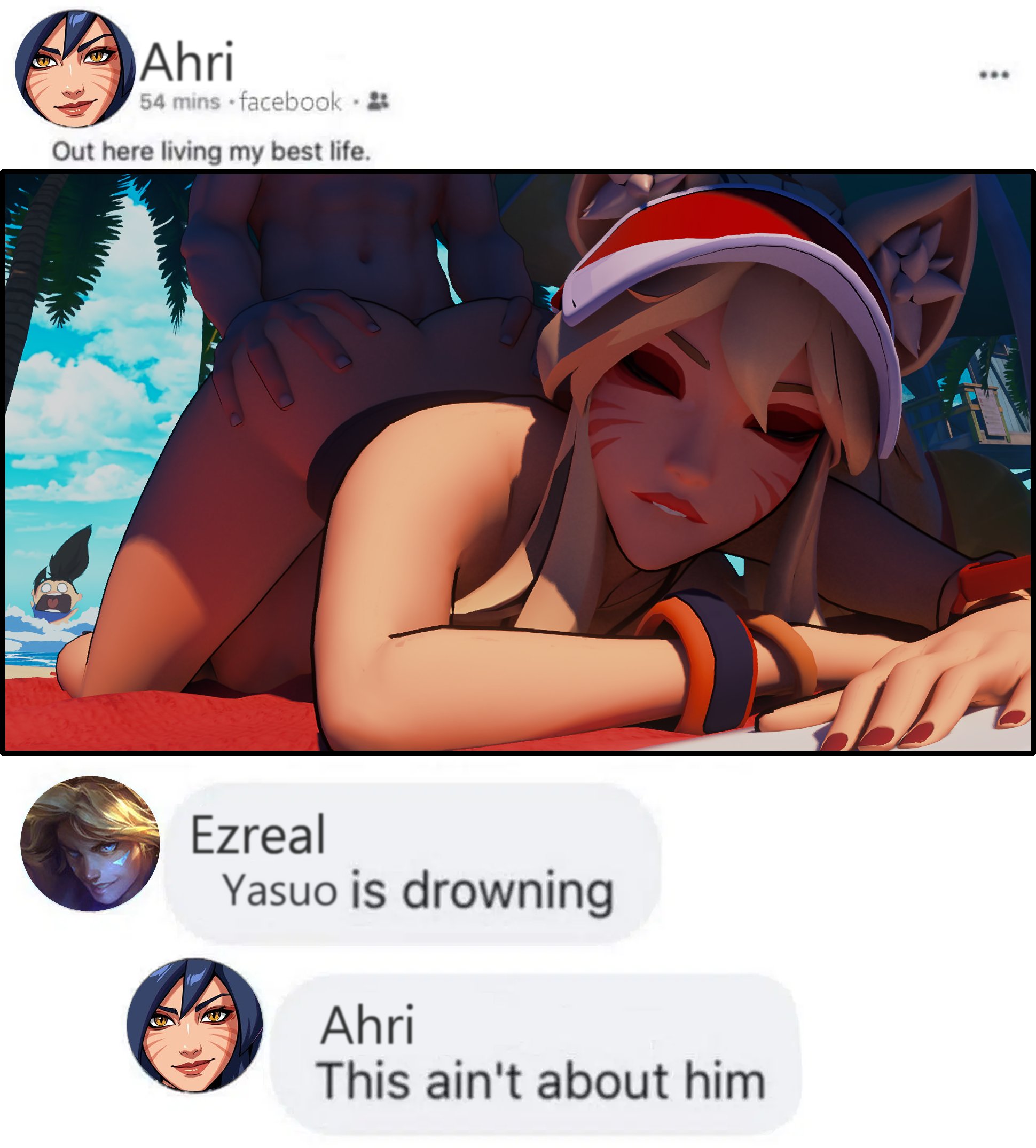 1boy, 1girls, ahri, butt, ezreal, facebook, league of legends, meme, pool party ahri, pool party series, puffpuff3d, riot games, sex, tagme, yasuo