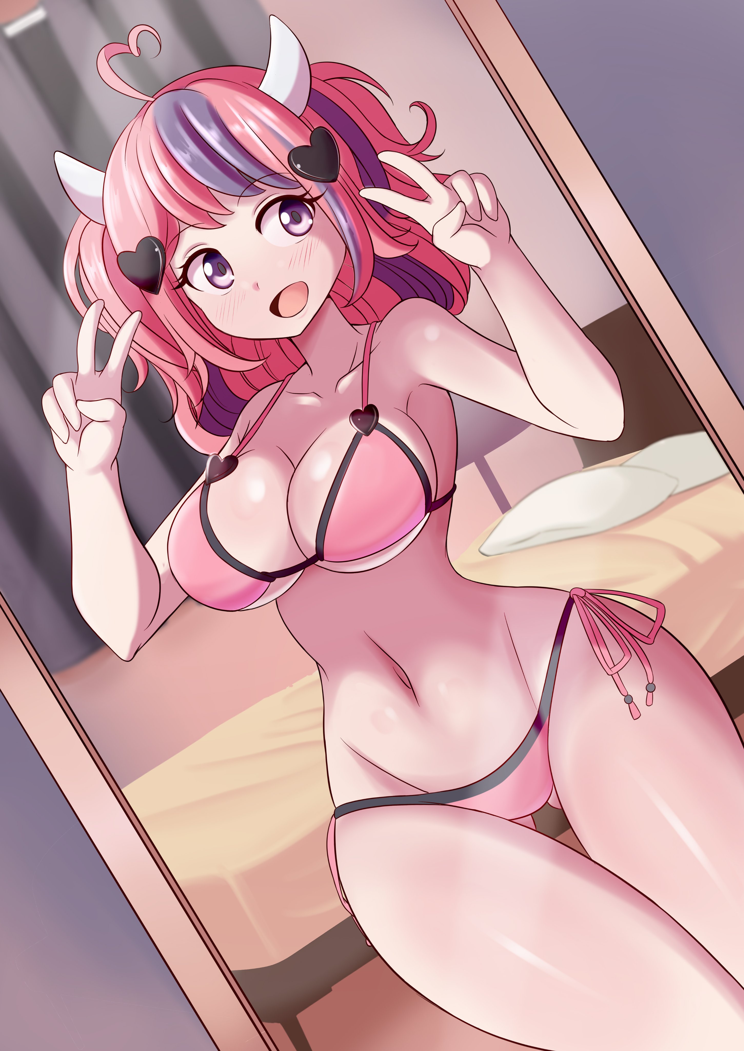 1girls, alternate costume, armpits, big breasts, bikini, bra, breasts, demon, demon girl, female, female only, ironmouse, ironmouse (1st costume), large breasts, light skin, light-skinned female, lucyfercomic, mirror selfie, panties, peace sign, selfie, solo, solo female, thick thighs, virtual youtuber, vshojo, wide hips