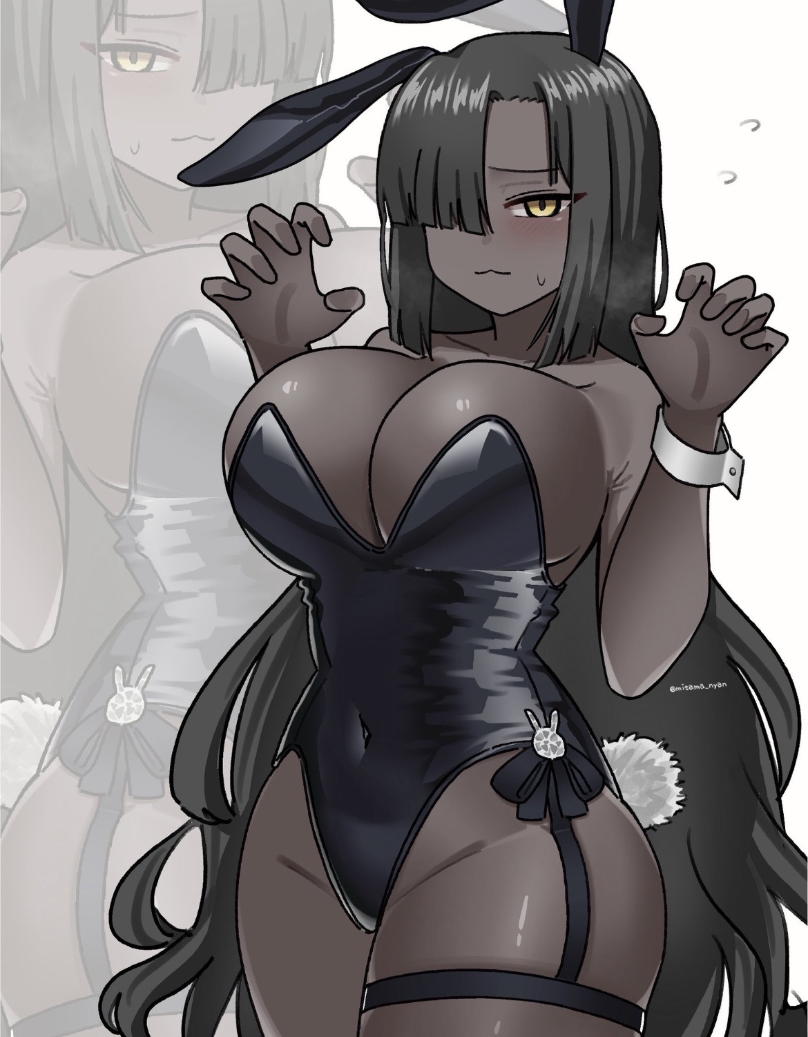 belly button, belly button visible through clothing, big breasts, brown hair, bunny, bunny ears, bunny tail, busty, busty female, curly hair, curves, curvy, curvy female, dark, dark-skinned female, garter straps, hair over one eye, hips, limbus company, long hair, mitama nyan, playboy bunny, project moon, rawr, sweatdrop, thick thighs, thighs, v line, wide hips, zilu (limbus company), zilu (project moon)