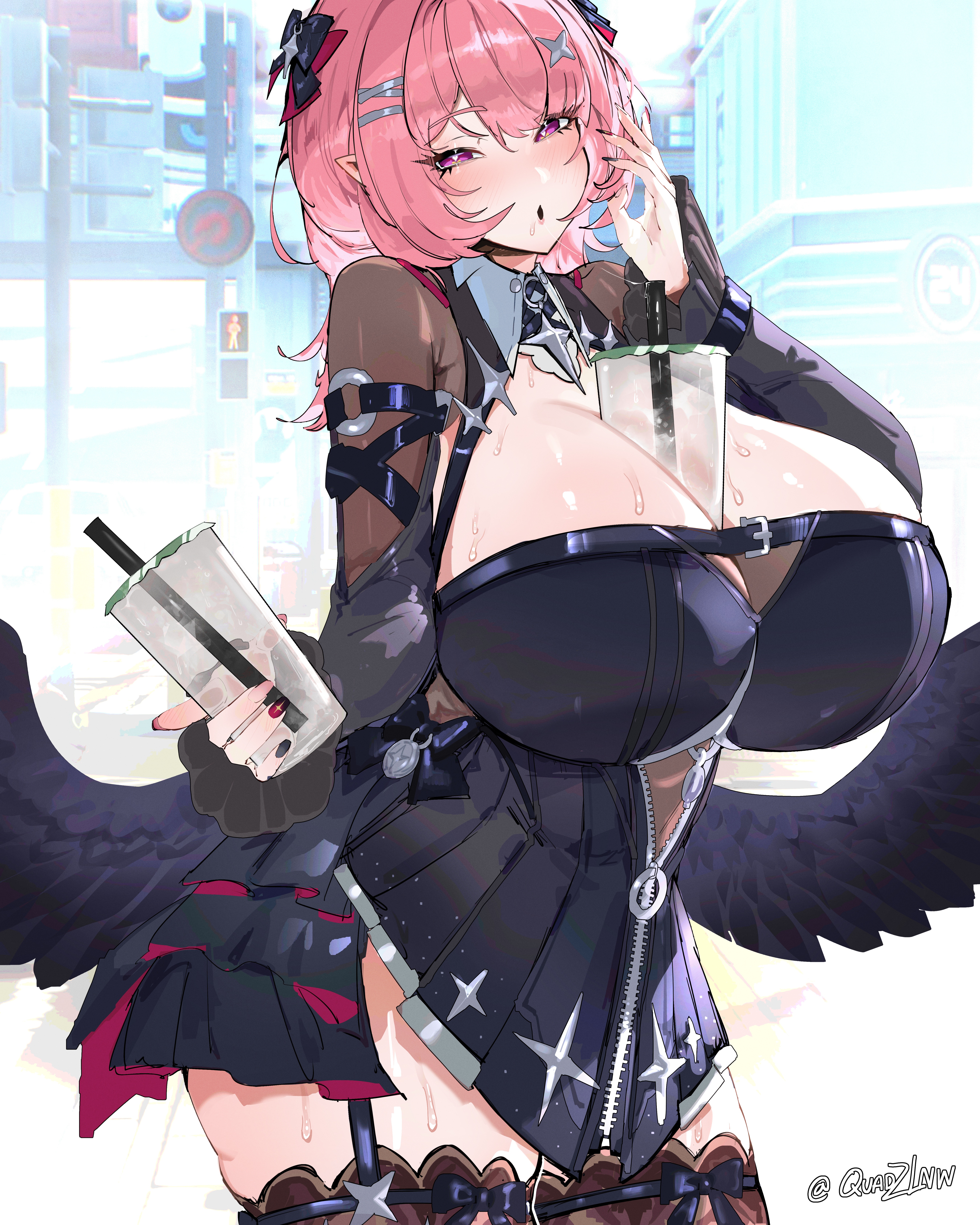 1girl, absurdres, alternate breast size (larger), black bow, black dress, black wings, bow, breasts, brown thighhighs, bubble tea, bubble tea challenge, chest belt, commentary, cowboy shot, cup, dress, drinking straw, english commentary, hair between eyes, hair bow, hair ornament, hairclip, hand up, highres, holding, holding cup, huge breasts, looking at viewer, medium hair, multicolored nails, official alternate costume, open mouth, pink eyes, pink hair, pointy ears, purple eyes, purple hair, quadzlnw, remielle dan, remielle dan (moonlight whispers), solo, sweat, thai text, thighhighs, wings, zenless zone zero