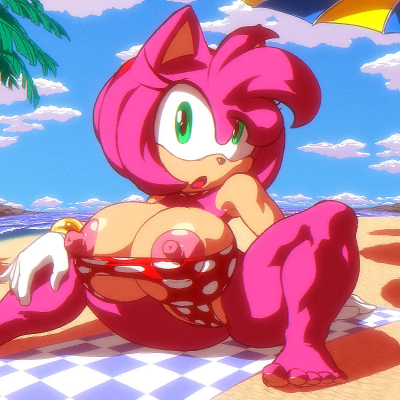 amy rose, angelauxes, anthro, areola, beach, big breasts, big cleavage, breasts, breasts out, erect nipples, female, hedgehog, huge breasts, large breasts, nipple slip, nipples, one-piece swimsuit, sega, solo, sonic (series), sonic the hedgehog (series), swimsuit, tagme, wardrobe malfunction