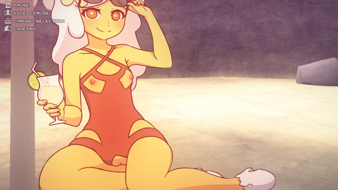 1girl, adjusting eyewear, adventure time, arm up, artist name, bare shoulders, blush, breakfast princess, breast window, breasts, casual one-piece swimsuit, closed mouth, collarbone, colored skin, crotch cutout, crotchless, cup, drink, drinking glass, drinking straw, exposed nipples, eyewear on head, food, fruit, full body, functionally nude, hand up, holding, holding cup, holding drink, lemon, lemon slice, lime (fruit), long hair, looking at viewer, manyakis, nipple cutout, nipples, nipples outside, one-piece swimsuit, orange eyes, outdoors, pussy, pussy window, red one-piece swimsuit, shoes, sitting, small breasts, smile, solo, sunglasses, swimsuit, twitter logo, twitter username, uncensored, watermark, white footwear, white hair, yellow skin, yokozuwari