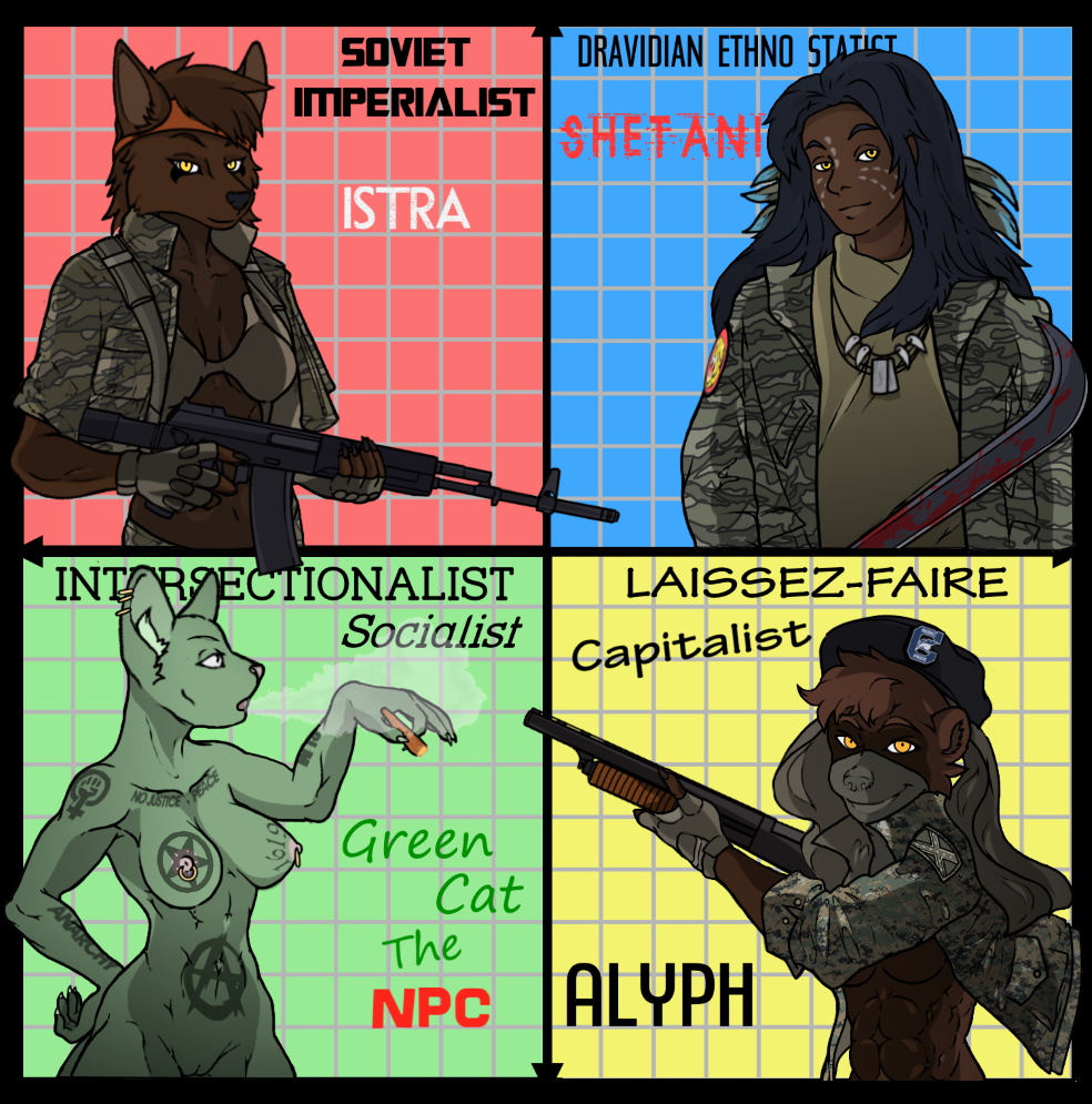 ak12 aleone alyph_ironclaws anarchist anarchy_symbol anthro assault_rifle athletic backpack bandana beret bodypaint bra brown_body brown_fur camo canid canine canis cigar clothed clothing communism dark_fur dark_hair dark_skin dog_tags drugs english_text felid feline felis female fingerless_gloves fur gloves green_body green_fur group gun handwear hat headgear headwear human jackal jacket jewelry liberation_tigers_of_tamil_eelam libertarian male mammal marijuana melee_weapon muscular mustelid musteline necklace nipple_piercing nipples pentagram piercing political_compass politics ranged_weapon rifle savage_model67 shotgun simple_background smoking socialism sword tattoo text topless topwear underwear weapon wildcat wolverine yellow_eyes