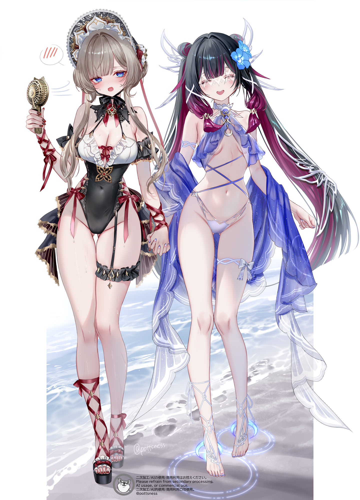 2girls, beach, breasts, closed eyes, columbina (genshin impact), female, female focus, female only, genshin impact, light skin, light-skinned female, pottsness, sandrone (genshin impact), swimsuit, thick thighs, thighhighs, thighs