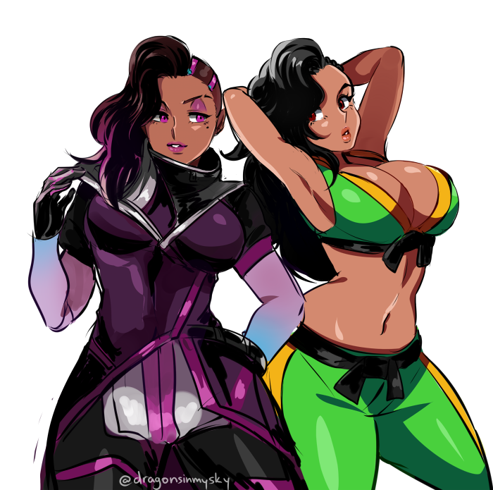 2girls asymmetrical_hair big_breasts black_hair brazilian brazilian_female breasts brown_skin capcom cleavage crossover d-ryuu dark-skinned_female dark_skin female female_only hairstyle_connection high_collar huge_breasts latina laura_matsuda long_hair look-alike makeup mole mole_under_eye multiple_girls overwatch purple_eyes purple_lipstick red_eyes sombra street_fighter street_fighter_v undercut video_games voluptuous