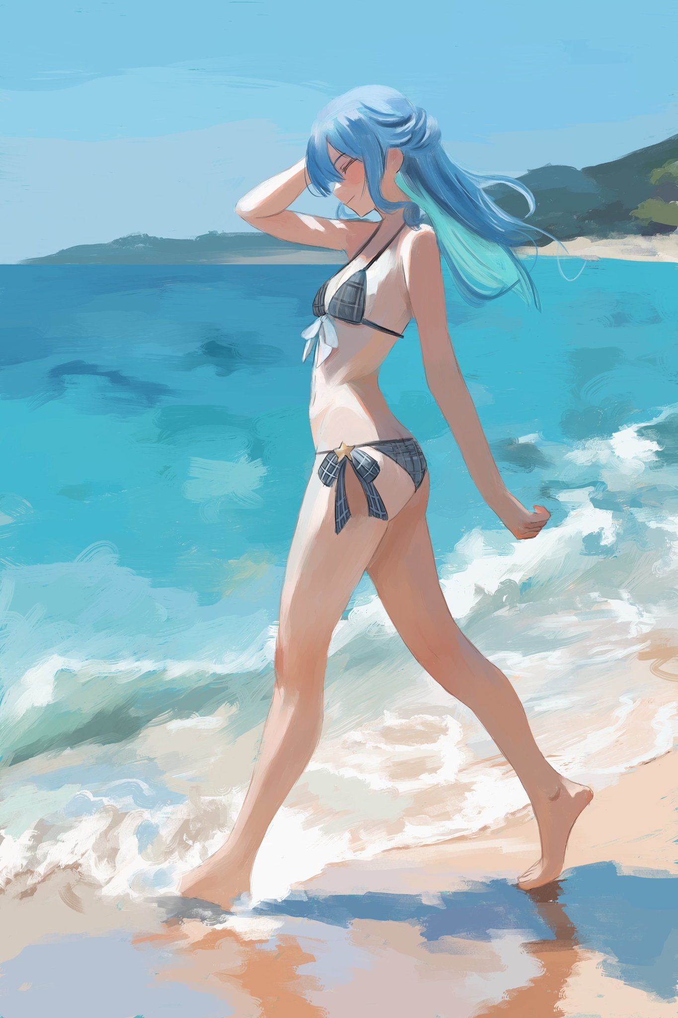 1girl, absurdres, beach, bikini, blue hair, closed eyes, commentary, flat chest, highres, hololive, hololive japan, hoshimachi suisei, long hair, ocean, plaid bikini, plaid clothes, side-tie bikini bottom, smile, swimsuit, virtual youtuber, vtuber