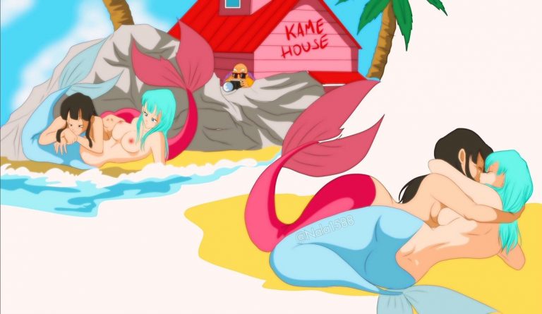 2girls, breasts, bulma briefs, chichi, dragon ball, female, hug, kissing, master roshi, merfolk, mermaid, multiple females, multiple girls, nala1588, nude, shounen jump, voyeurism, yuri