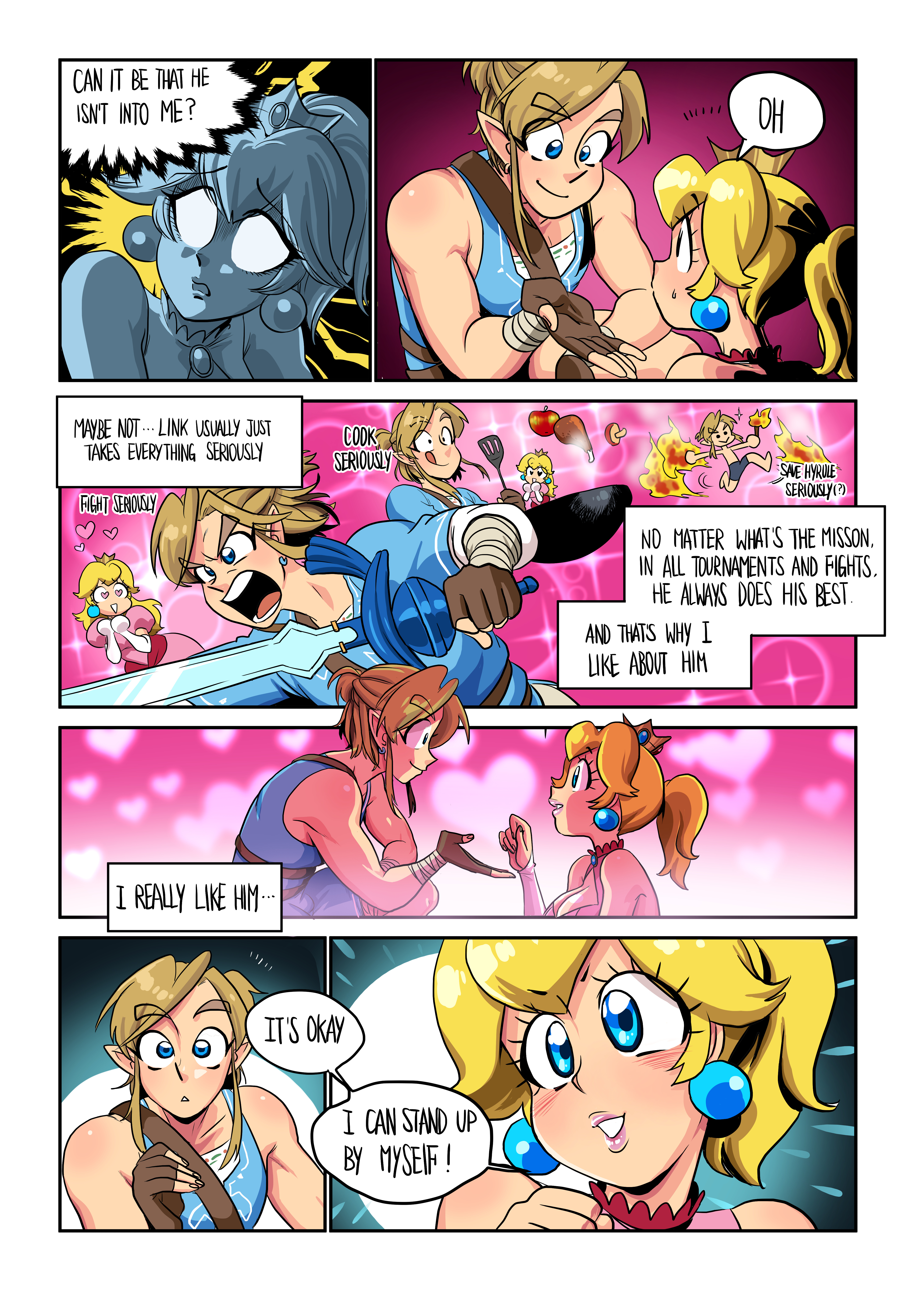 1boy, 1girls, comic, competition, competitive sex, female, link, link (breath of the wild), male, mario (series), nintendo, princess peach, sasatseng, super smash bros., the legend of zelda, the wrestling princess, wholesome
