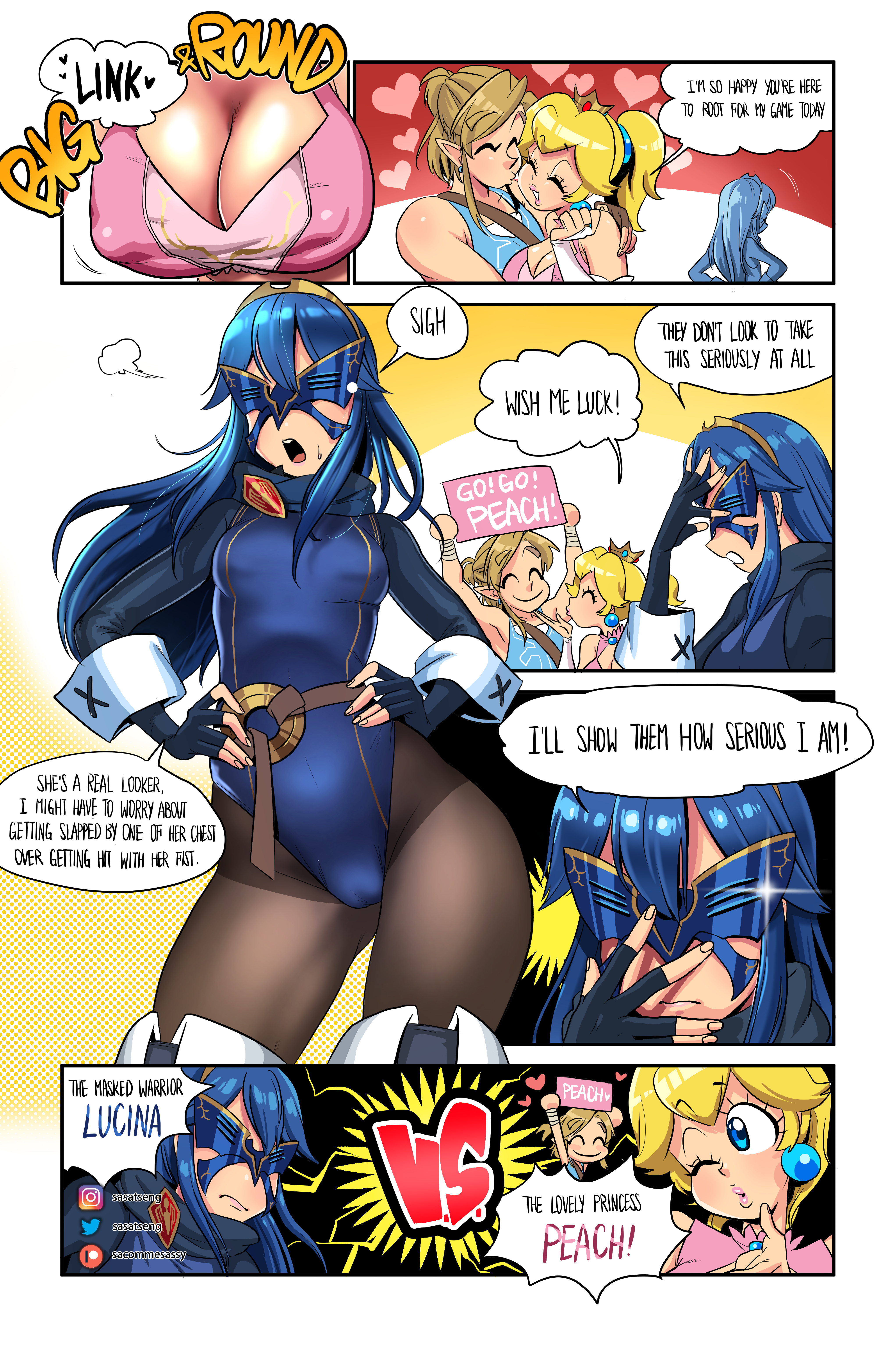 1boy, 2girls, big breasts, blonde hair, blue hair, breasts, cleavage, clothing, comic, crossover, dialogue, english text, female, fire emblem, fire emblem awakening, huge breasts, leotard, link, link (breath of the wild), lucina (fire emblem), male, mario (series), marth (fire emblem awakening), mask, multiple females, multiple girls, nintendo, nipple bulge, princess peach, sasatseng, speech bubble, super smash bros., text, the legend of zelda, the wrestling princess, wrestling outfit
