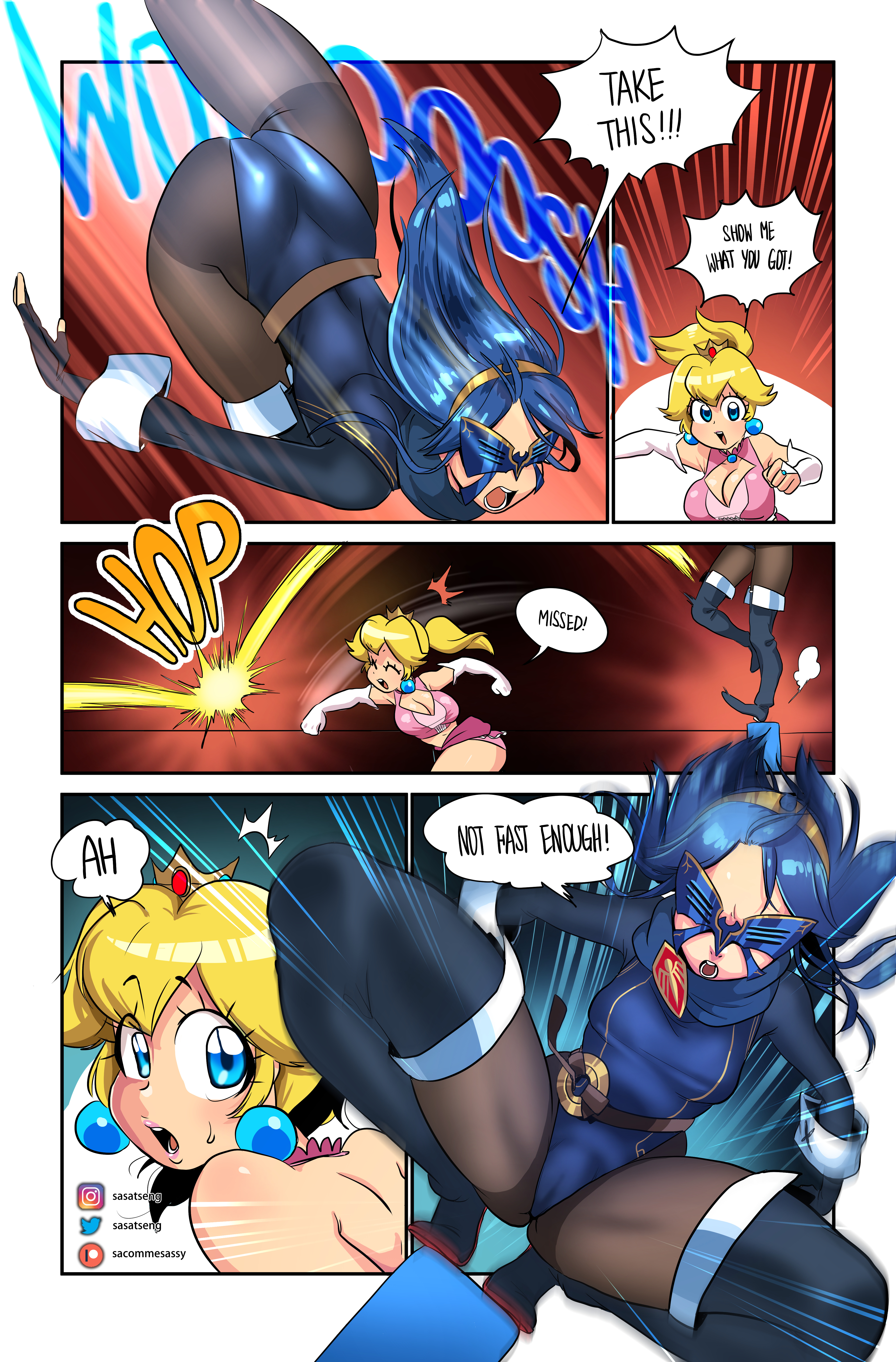 2girls, blonde hair, blue hair, breasts, cleavage, clothing, comic, crossover, dialogue, english text, female, female only, fire emblem, fire emblem awakening, huge breasts, lucina (fire emblem), mario (series), multiple females, multiple girls, nintendo, princess peach, sasatseng, speech bubble, text, the wrestling princess, thighhighs