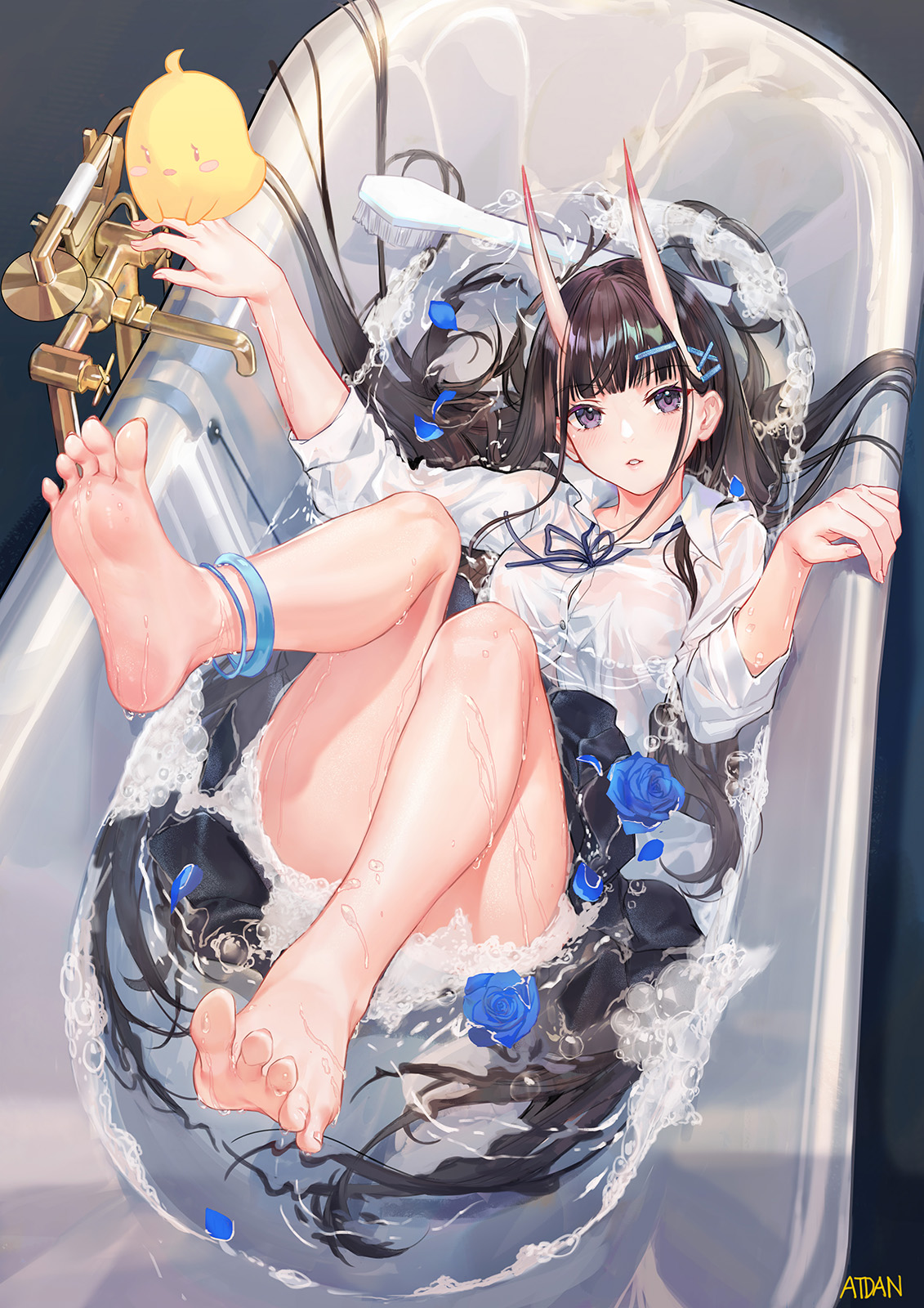 1girls, anklet, atdan, azur lane, barefoot, bathroom, bathtub, brown hair, demon, demon girl, feet, female, foot fetish, foot focus, horns, long hair, noshiro (azur lane), purple eyes, see-through, soles, spread toes, tagme, toenails, toes, wet, wet clothes