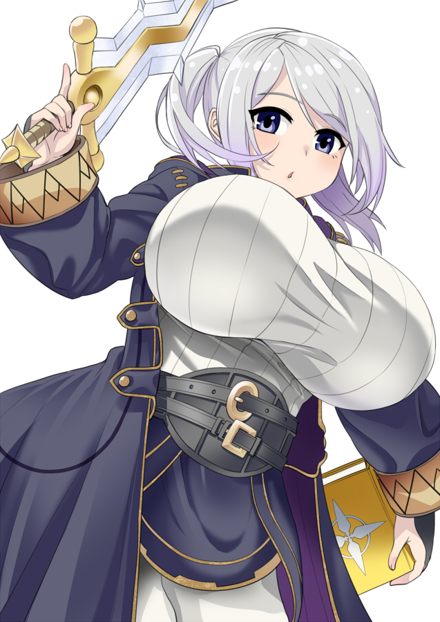 1girls blue_eyes book breasts camisole female fire_emblem fire_emblem_awakening huge_breasts long_hair looking_at_viewer nintendo open_mouth purple_eyes roah robin_(fire_emblem) robin_(fire_emblem)_(female) solo sword tank_top white_hair