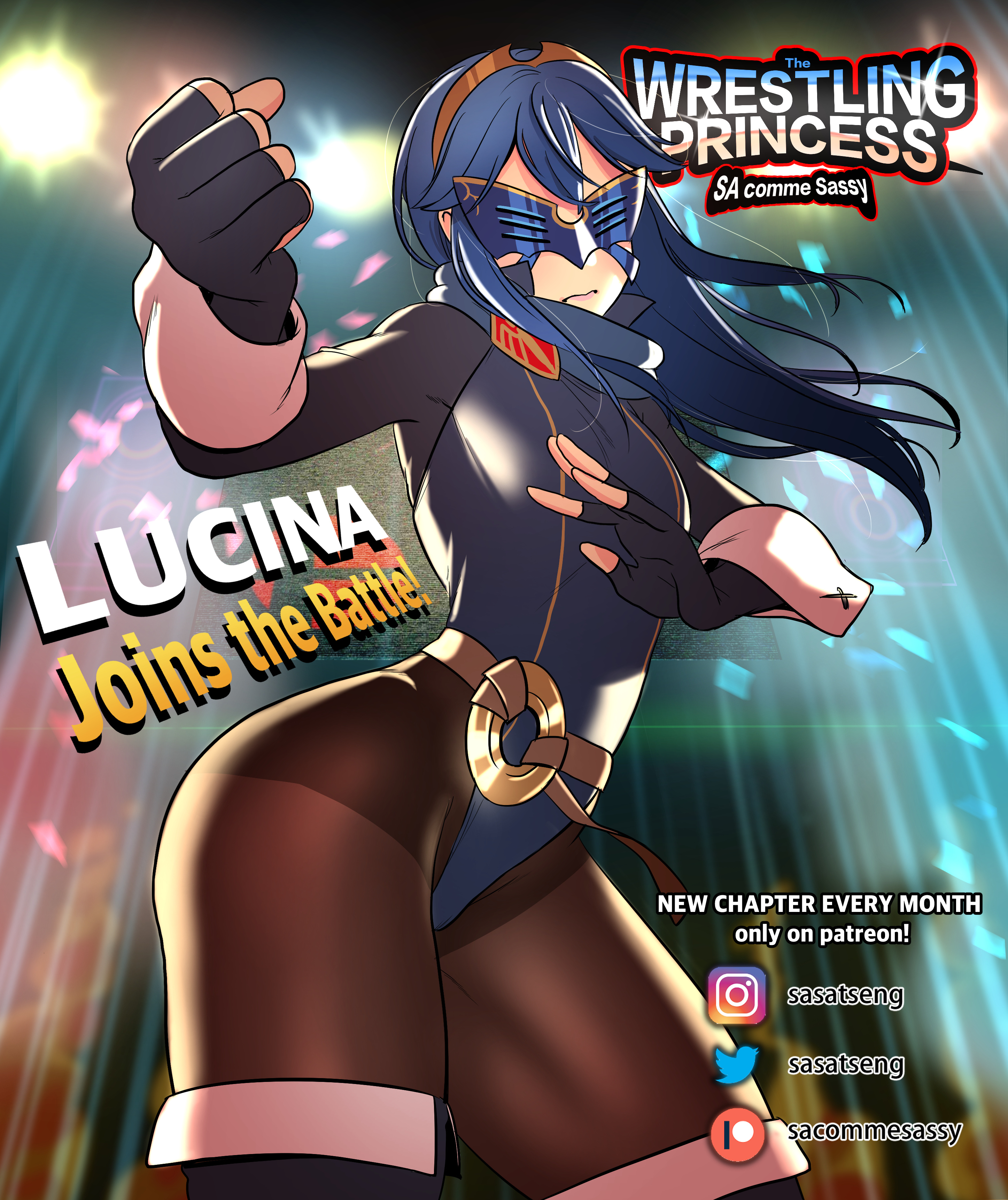 1girls, comic, cover page, english text, female, fire emblem, fire emblem awakening, lucina (fire emblem), marth (fire emblem awakening), mask, nintendo, sasatseng, tagme, the wrestling princess