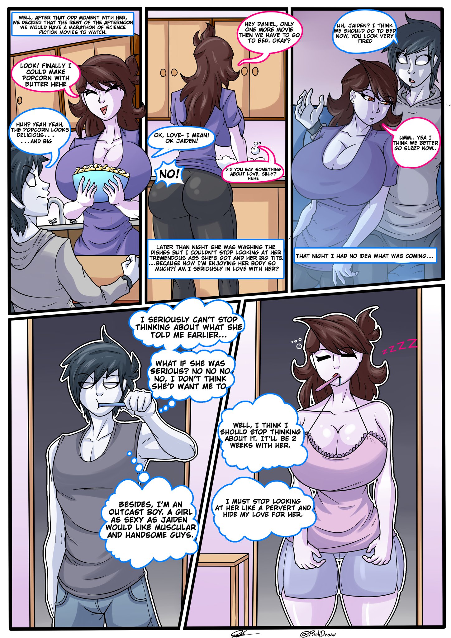 cleavage, clothing, comic, english text, female, jaiden, jaiden animations, male, richdraw, tagme, text, thick thighs, youtube, youtuber
