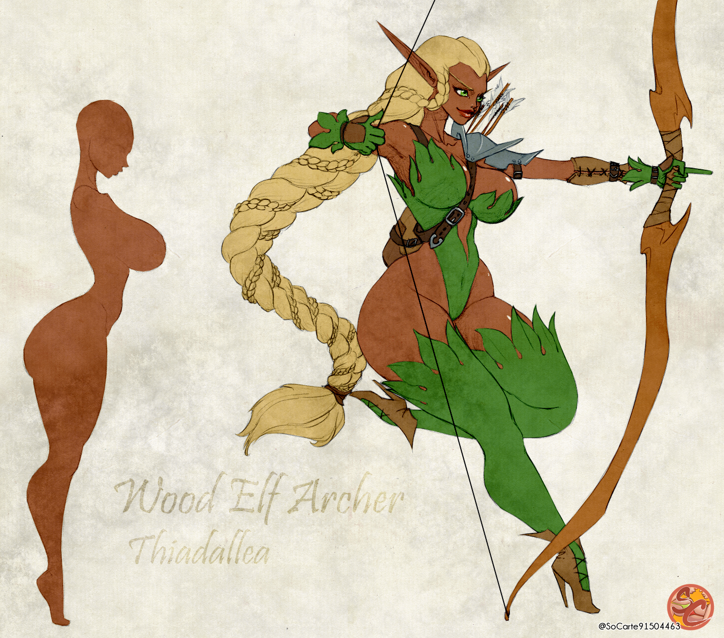 1girls, 2d, archer, artist logo, big breasts, blonde hair, bow (weapon), braided hair, braided ponytail, breasts, bust, busty, clothed, dark skin, dark-skinned female, drawing bow, elf, elf ears, elf female, female, female only, gloves, green eyes, high heels, highleg leotard, hourglass figure, huge breasts, large breasts, leotard, long hair, model sheet, original, original character, pointy ears, quiver, socarter, solo, solo female, strapless leotard, thiadallea, thick thighs, thighhighs, very long hair, weapon, wide hips, wood elf