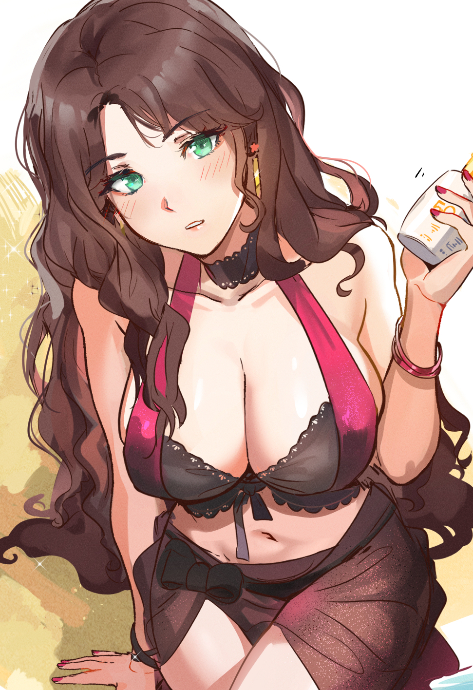 1girls ass back bare_shoulders bikini black_bra black_choker black_sarong blush bra bracelet breasts brown_hair choker cleavage collarbone commentary crossed_legs dorothea_arnault dorothea_arnault_(summer) earrings female female_only fire_emblem fire_emblem:_three_houses fire_emblem_heroes gold_earrings green_eyes hat highres holding jewelry lace lace_choker large_breasts long_hair looking_at_viewer multiple_views navel nintendo official_alternate_costume ormille parted_lips pink_bra pink_nails sarong see-through sitting solo sun_hat swimsuit two-tone_bra underwear