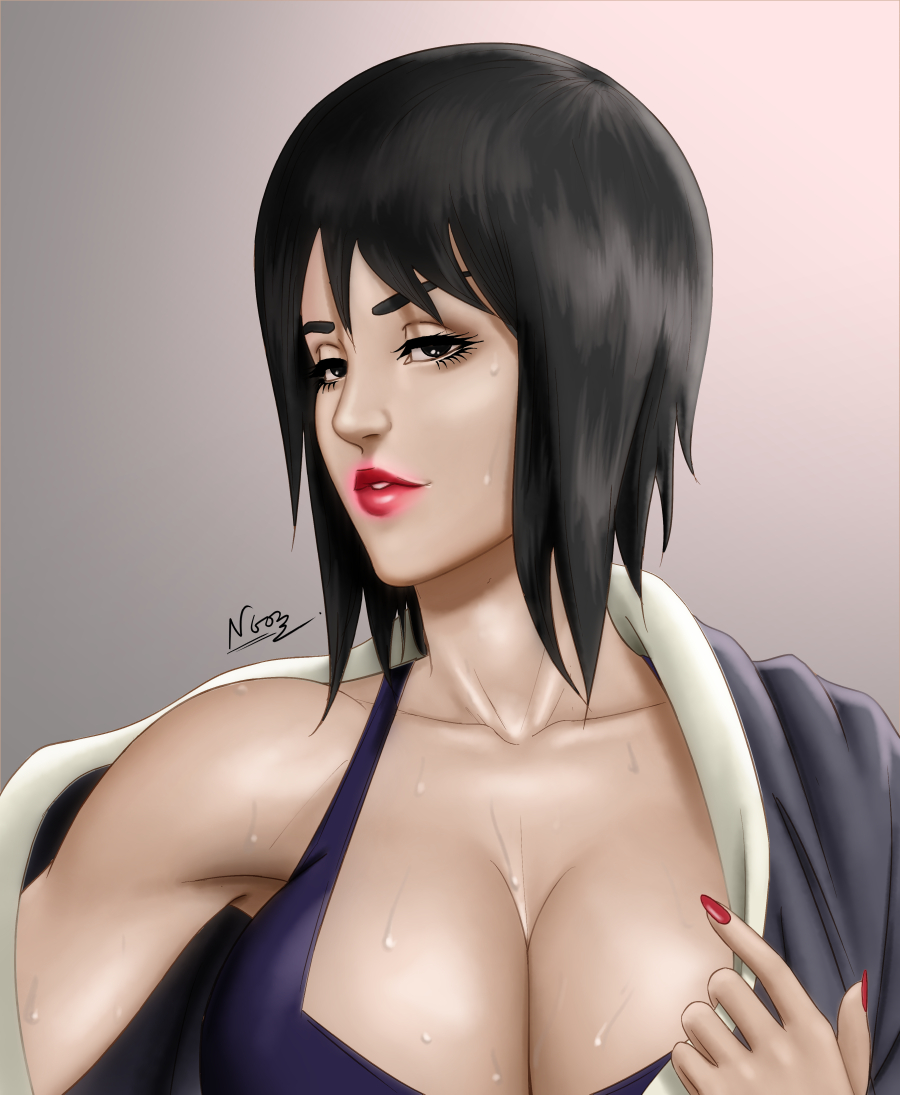 1girls artist_signature big_breasts black_eyes black_hair bra breasts cleavage female female_only kimono lipstick long_fingernails makeup n6023 nail_polish naruto naruto:_road_to_ninja naruto_(series) naruto_shippuden off_shoulder red_lips red_nails shizune shizune_(naruto:_road_to_ninja) smile solo sweat sweatdrop teasing undressing upper_body