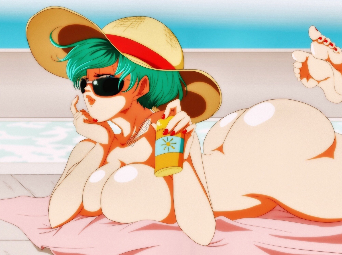 1girls, ass, ass crack, bedroom eyes, big ass, big breasts, big butt, bimbo, blue eyes, breasts, bubble ass, bubble butt, bulma, bulma (beginnings of dragon ball z), bulma briefs, busty, butt crack, cleavage, color, completely nude, covered nipples, dragon ball, dragon ball super, dragon ball z, female, female only, green hair, hat, huge ass, huge breasts, light skin, light-skinned female, line art, lipstick, looking at viewer, looking over eyewear, looking over glasses, naked, nala1588, nude, nude female, pool, poolside, solo, solo female, sunglasses, sunscreen, tinted eyewear, voluptuous, watermark, wife