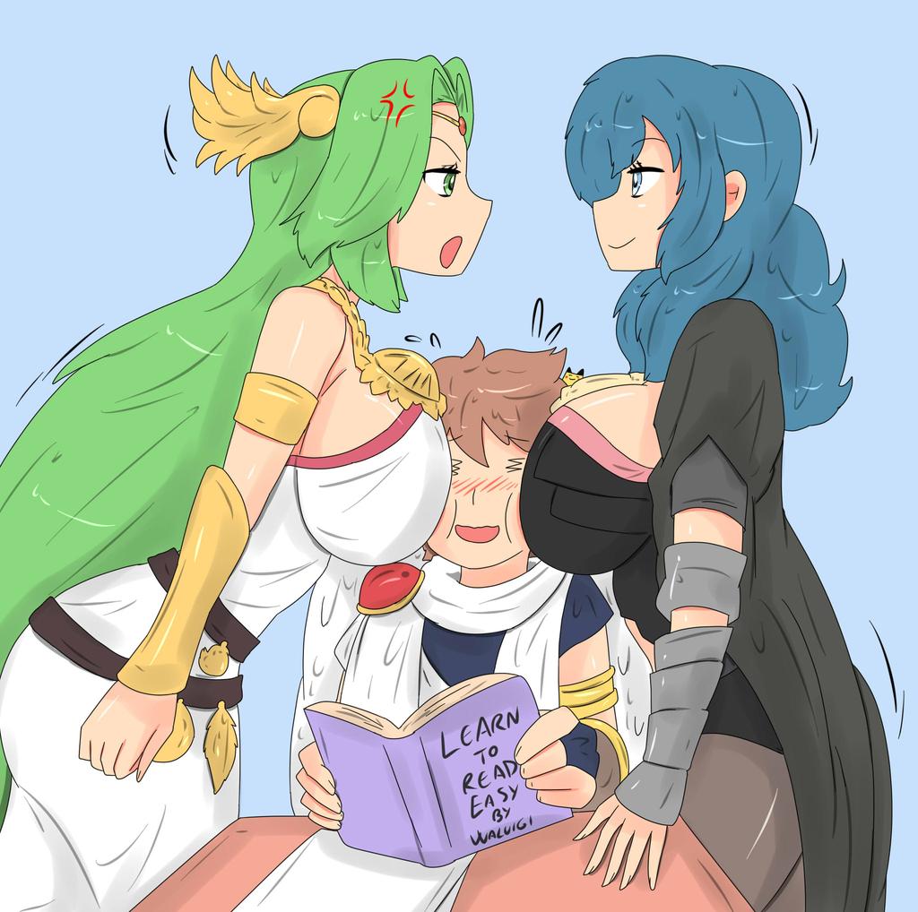 1boy, 2girls, between breasts, big breasts, bimbo, breast smother, breasts, busty, byleth (fire emblem), byleth (fire emblem) (female), competition, double breast smother, female, fire emblem, fire emblem: three houses, funny, goddess, huge breasts, kid icarus, large breasts, long hair, male, nintendo, palutena, pit (kid icarus), sideboob, size difference, smaller male, smile, tikoriko, zronku
