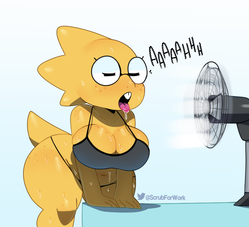 1girls, 2d, alphys, anthro, anthro female, anthro only, ass, ass crack, belly button, bent over, bent over table, big ass, big glasses, black bra, black thong, bra, breasts, butt crack, chubby, chubby female, cleavage, closed eyes, clothing, english text, fan, female, female only, freckles, glasses, humanoid, humanoid female, humanoid only, large breasts, lizard, lizard girl, lizard humanoid, open mouth, partially clothed, relief, reptile, reptile humanoid, saliva, saliva string, saliva trail, scientist, shortstack, slightly chubby, solo, somescrub, sweat, sweatdrop, sweating, sweaty, tail, teeth, text, thick thighs, thong, tongue, tongue out, twitter, twitter username, undertale, undertale (series), upper teeth, watermark, yellow body, yellow skin