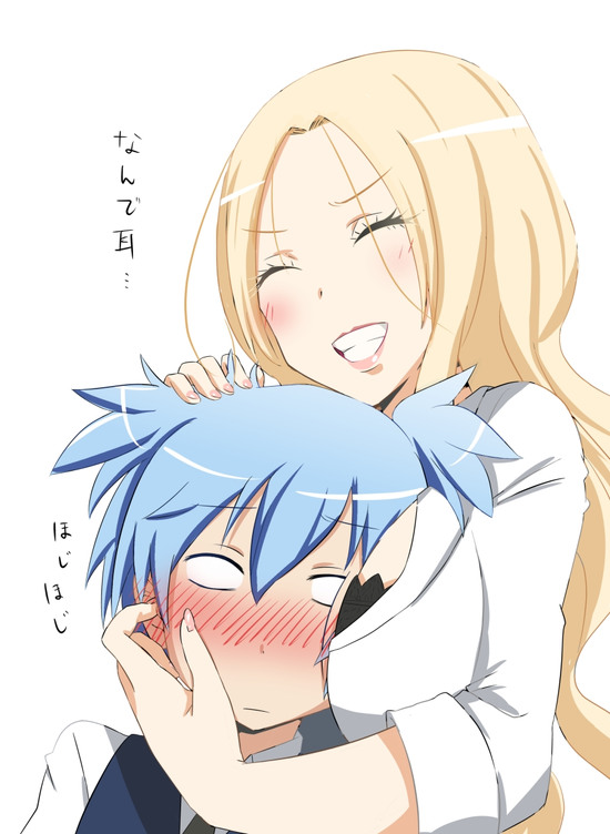 1boy, 1girls, assassination classroom, big breasts, blonde hair, blonde-haired female, blue hair, blue-haired male, blush, breasts, face in breasts, female, fingernails, irina jelavic, lips, long hair, male, nail polish, older female, pink nails, shiota nagisa, simple background, teacher and student, white background, white eyes, white shirt, younger male