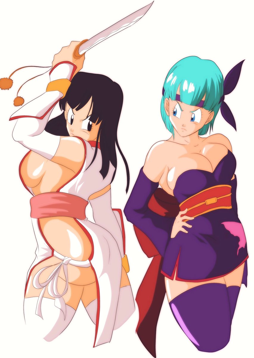 2girls, ass, ayane (doa) (cosplay), bad id, big ass, big breasts, black eyes, black hair, blue eyes, blue hair, breasts, bulma briefs, chichi, cleavage, cosplay, dead or alive, dead source, dragon ball, dragon ball z, female, female only, huge ass, huge breasts, kasumi (doa) (cosplay), large ass, large breasts, long hair, multiple females, multiple girls, nala1588, short hair, shounen jump, sideboob, sword