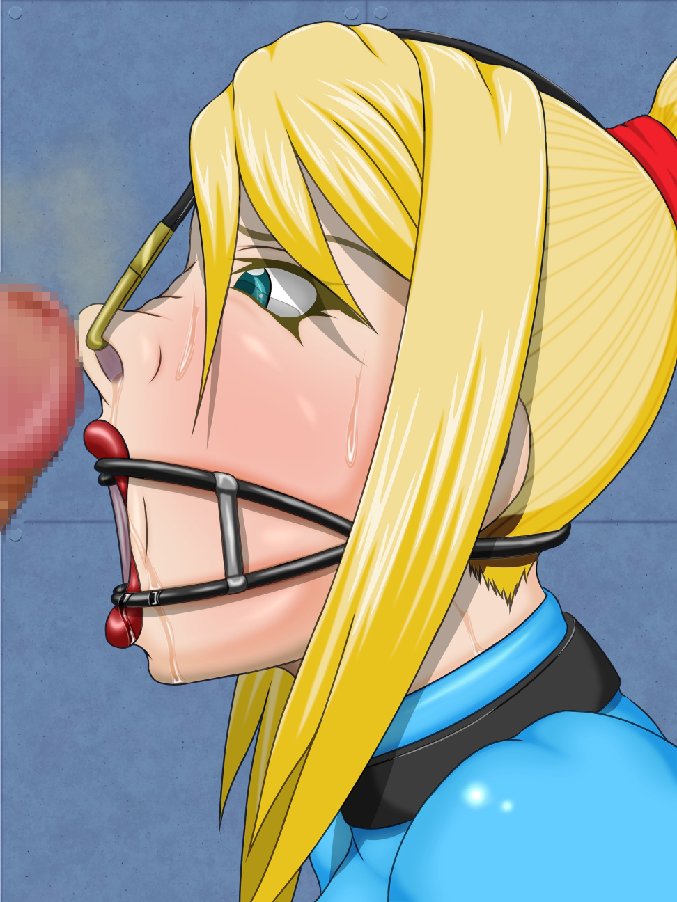 1boy, 1girls, artist request, blonde, blonde hair, blush, bodysuit, bondage, censored, censored penis, collar, coollar, dnetal gag, drool, drooling, eyes open, female, gag, gagged female, imminent fellatio, light blue eyes, long hair, male, metroid, mosaic censoring, nintendo, nose hook, offscreen character, open mouth gag, partial male, penis, penis in face, penis on face, red lipstick, samus aran, slave collar, smell, smelling, smelly, smelly cock, tied hair