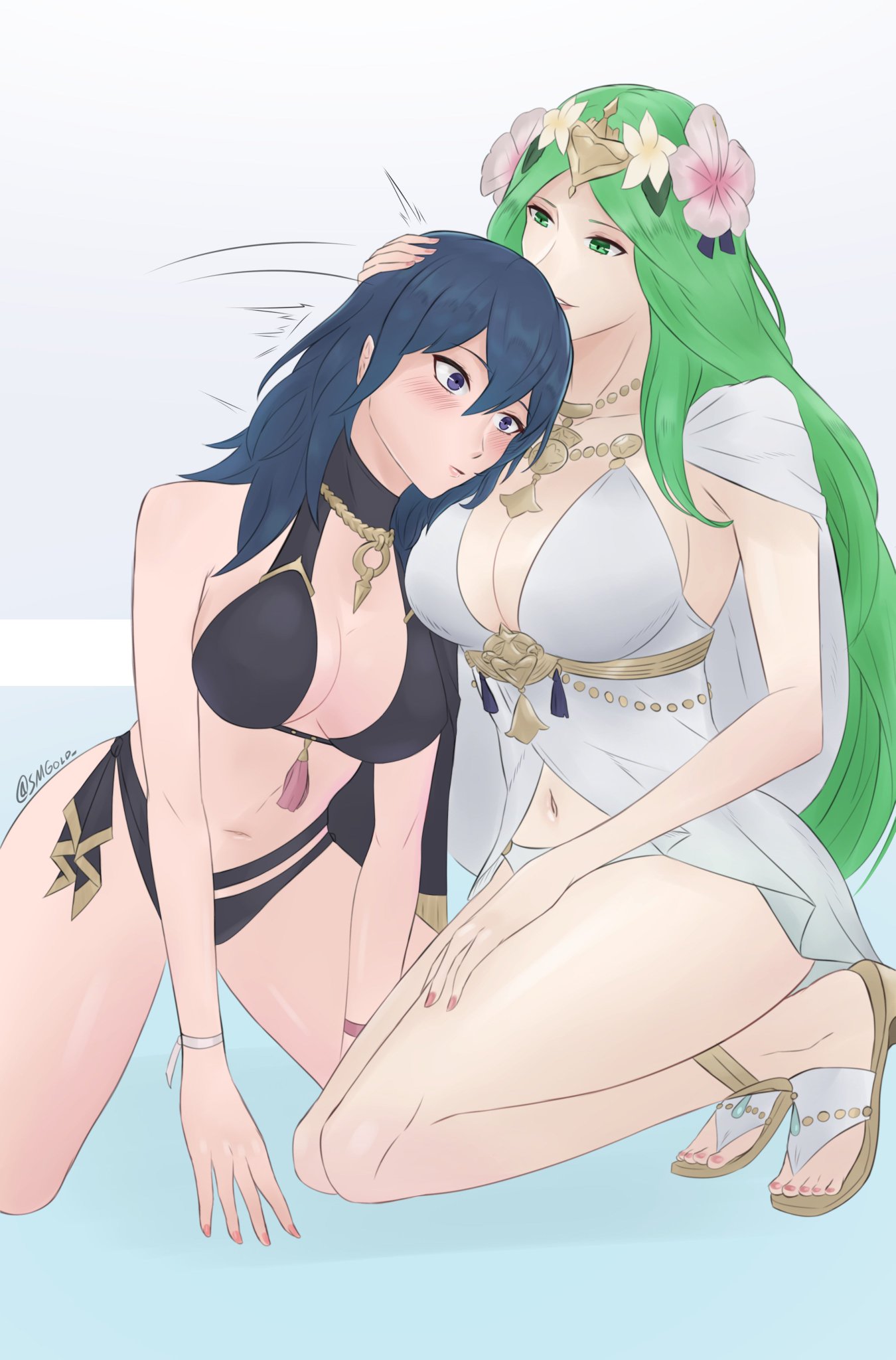 2girls, bare legs, bikini, black bikini, black swimsuit, blue eyes, blush, breasts, byleth (fire emblem), byleth (fire emblem) (female), byleth (summer) (fire emblem) (female), female, female only, fire emblem, fire emblem heroes, fire emblem: three houses, flower, flower in hair, green eyes, green hair, huge breasts, large breasts, long hair, midriff, multiple females, multiple girls, nintendo, rhea (fire emblem), rhea (summer) (fire emblem), sandals, smgold, swimsuit, teal hair, thick thighs, white bikini, white swimsuit