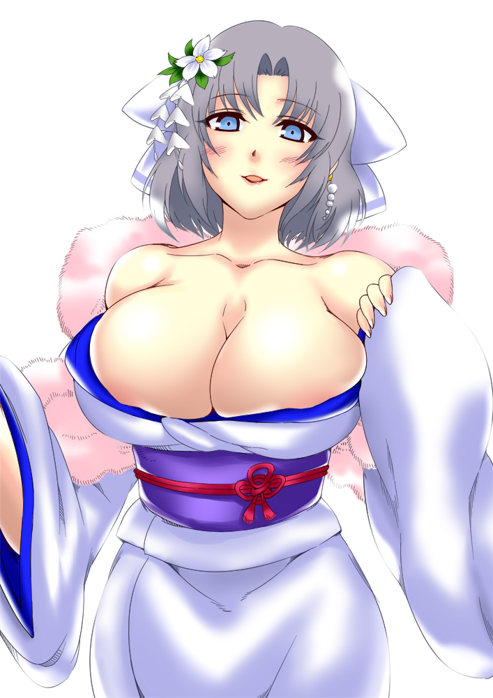 akino_(gokosei) akino_ex alternate_breast_size big_breasts blue_eyes breasts clothed_female female female_only grey_hair huge_breasts large_breasts senran_kagura short_hair solo solo_female yumi_(senran_kagura)